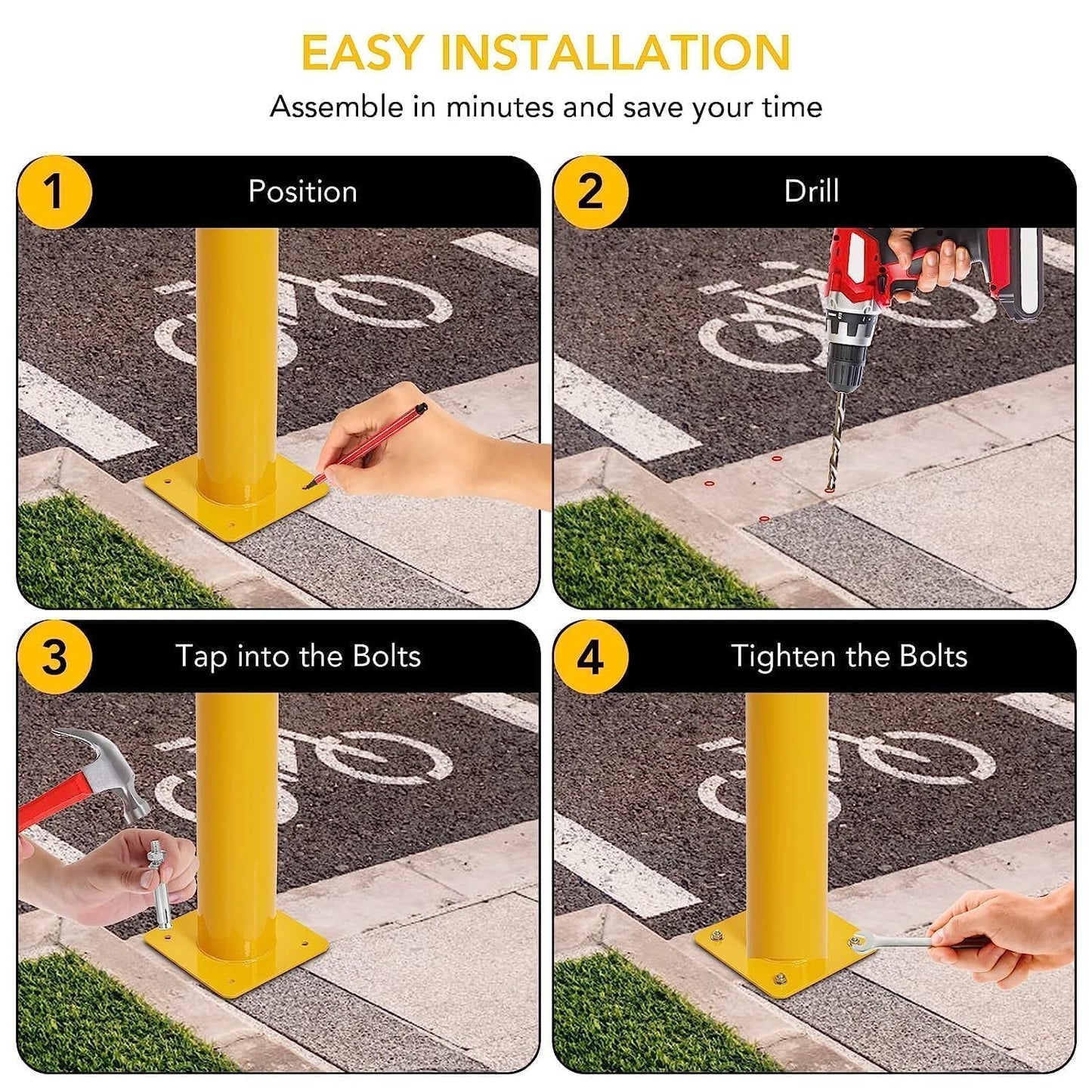 6Pcs Heavy Duty Safety Bollards, 48" Height, 4.5" Diameter Steel Pipe Bollard Post with 24 Anchor Bolts, High-Visibility Yellow Parking Bollard for Traffic Control, Warehouses, & Pedestrian Safety