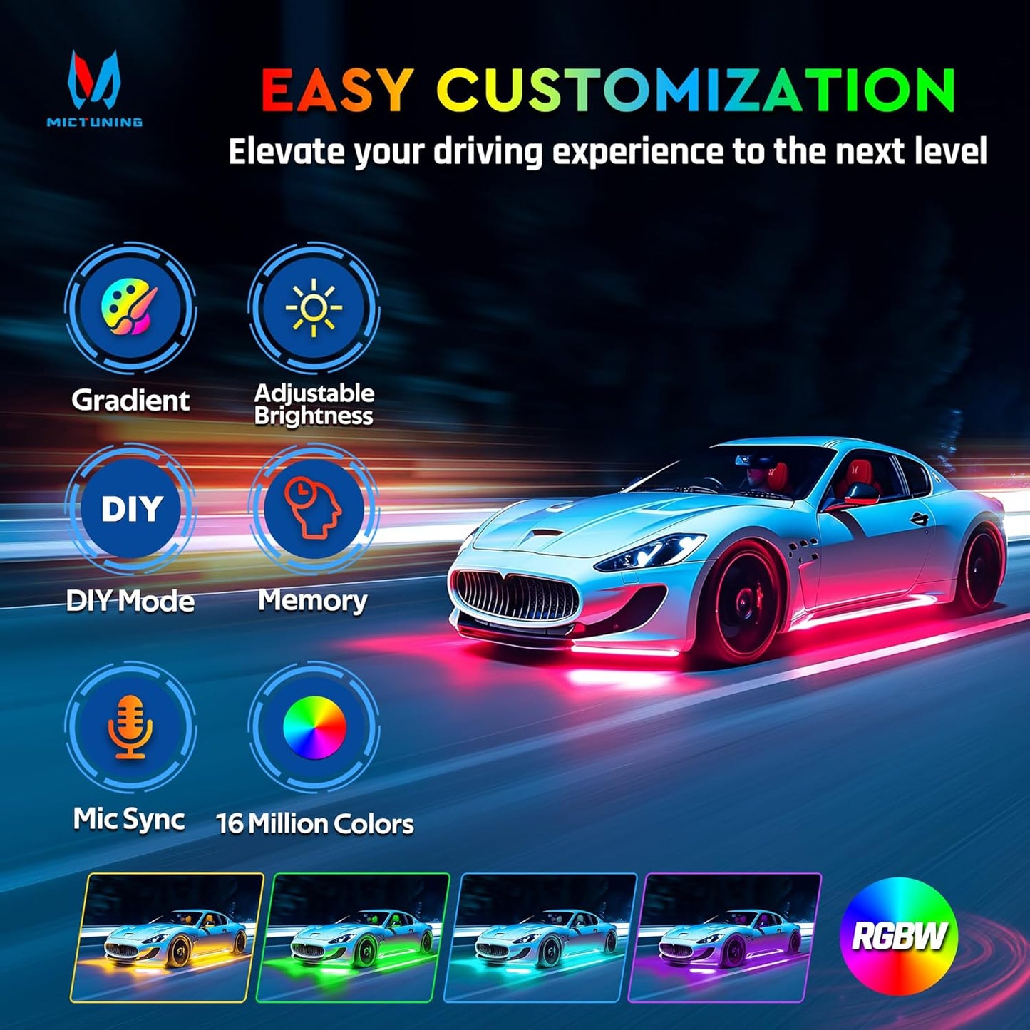 MICTUNING 8Pcs N8+ RGBW Underglow LED Lights for Cars, APP & Remote Dual Control, IP68 Waterproof Aluminum Multicolor Modes Music Soundsync Exterior Neon Accent LED Light Bar, 2 Years Warranty