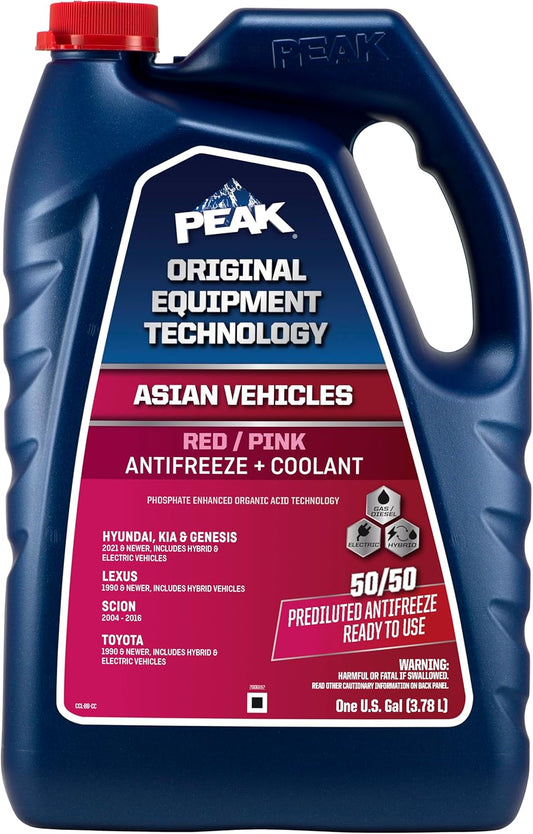 PEAK OET Extended Life Red/Pink 50/50 Prediluted Antifreeze/Coolant for Asian Vehicles, 1 Gal.
