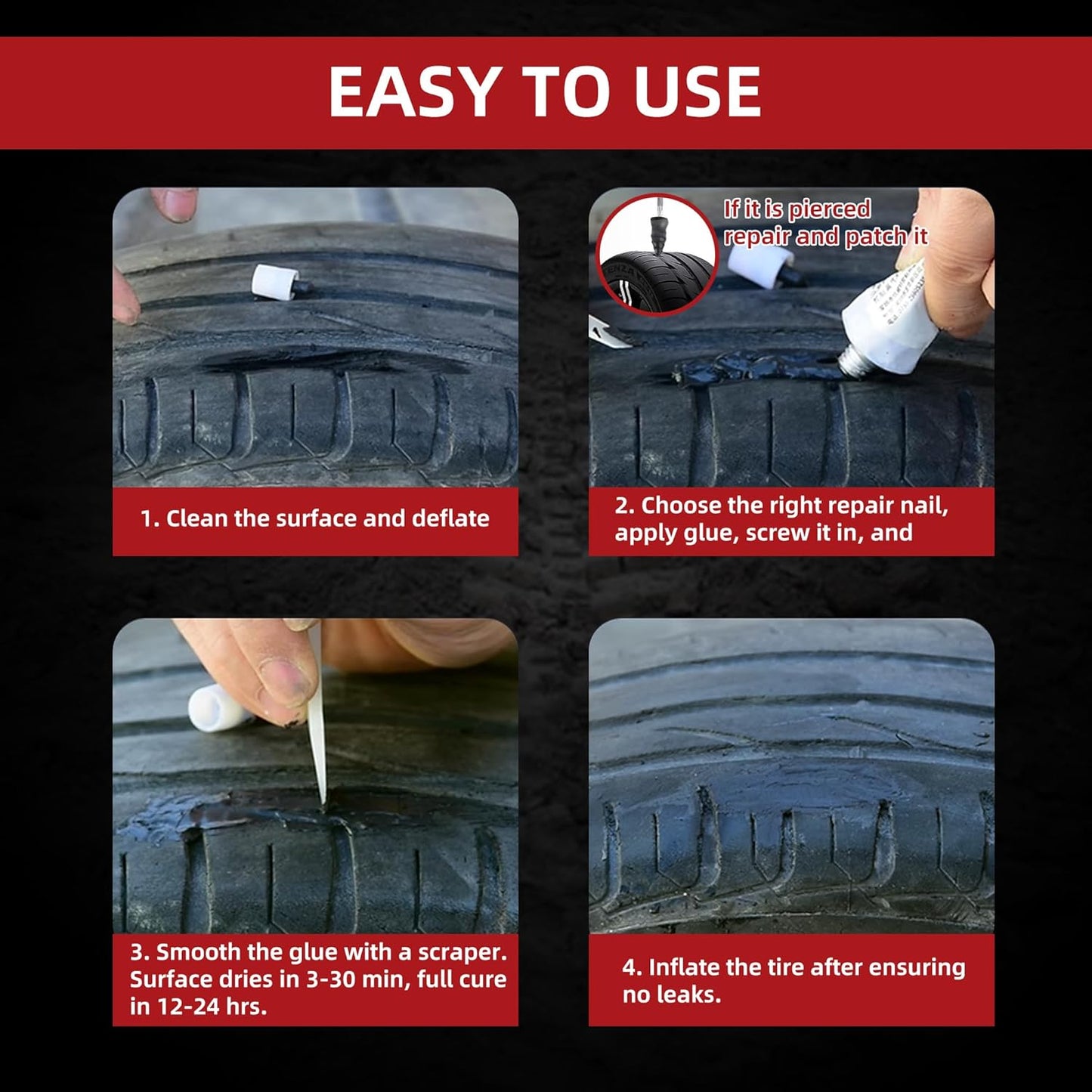 Tire Repair Glue 100ml, Rubber Cement Tire Repair, Tire Plug Glue, Tire Patch Glue Heavy Duty, Three Sizes Tire Repair Nail 15 Pcs, Sidewall Tire Repair Kit for Car, Motorcycle, Bike, Truck, Tractor