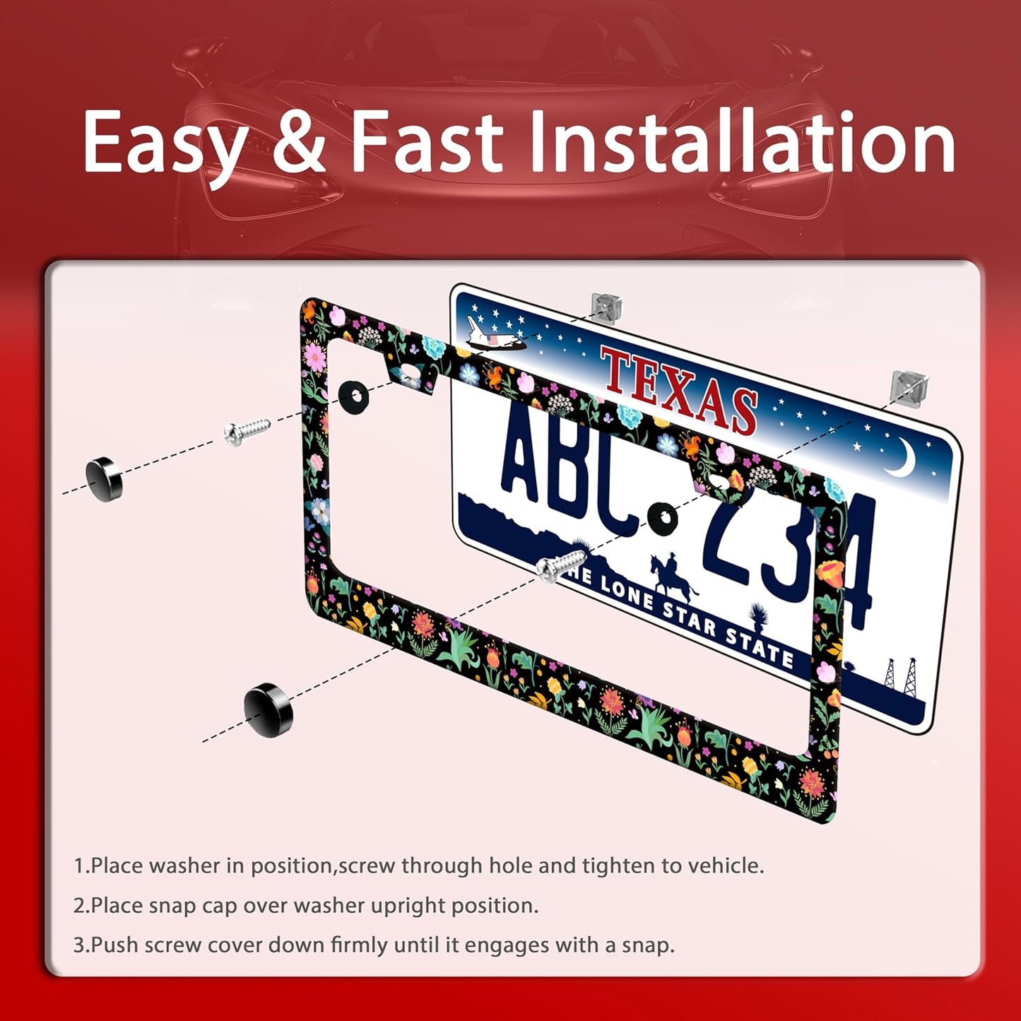 Colorful Flowers License Plate Frame Folk Art Floral License Plate Holder Funny Stainless Steel Accessories Cars Decor with 2 Holes and Screws Fits Standard Us Ca Vehicles 12.2 X 6 Inch