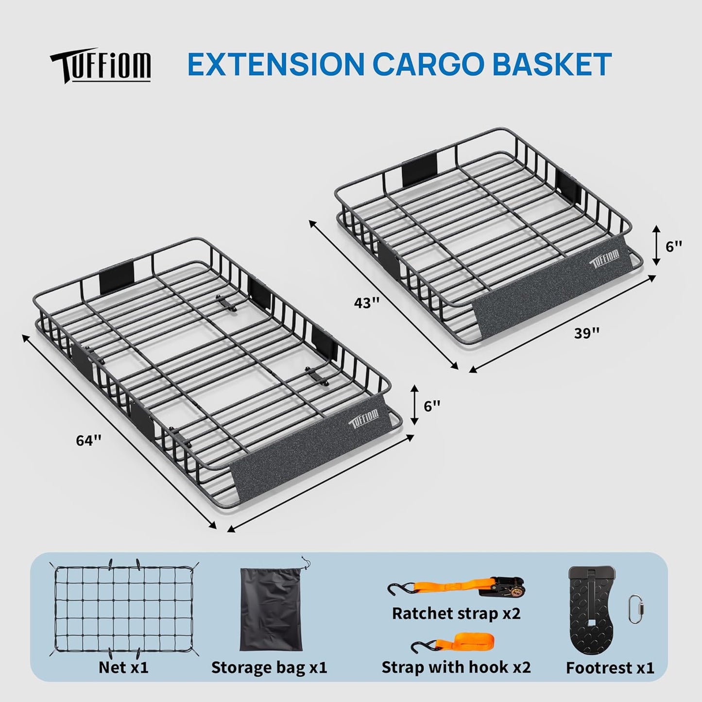 Bonnlo 250lbs Extendable Rooftop Cargo Carrier,64 * 39 * 6inch Universal Roof Rack Basket with Rubber Net,Storage Bag,Straps and Footrest,for SUV/Truck/Van