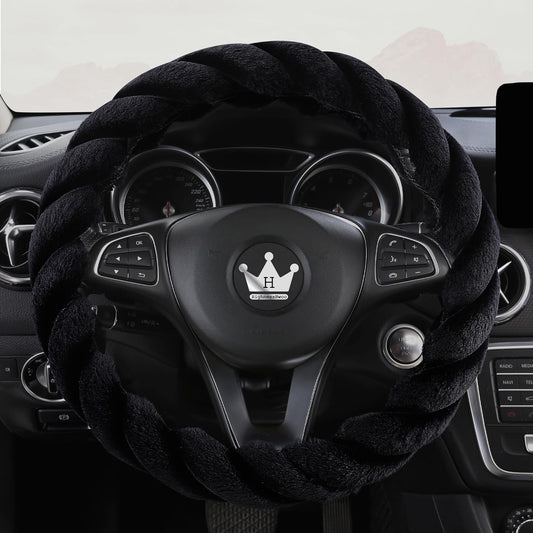 Luxury Fluffy Winter Car Steering Wheel Cover for Women Soft Warm Plush Cute Auto Accessories for Vehicle, Sedan, Universal, Fuzzy, Anti Slip, Black, Standard Size, 14.75-15.15"