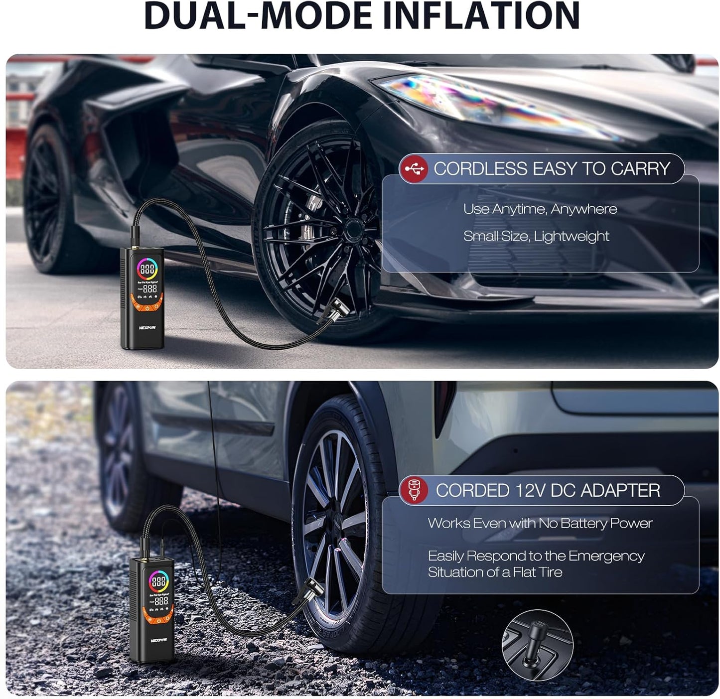 NEXPOW NP17 Portable Air Compressor, 150 PSI Digital Tire Inflator, Fast Inflation with Auto Shut-Off, LED Light, Multiple Nozzles for Car, Bike, and Ball, Compact Design, Orange