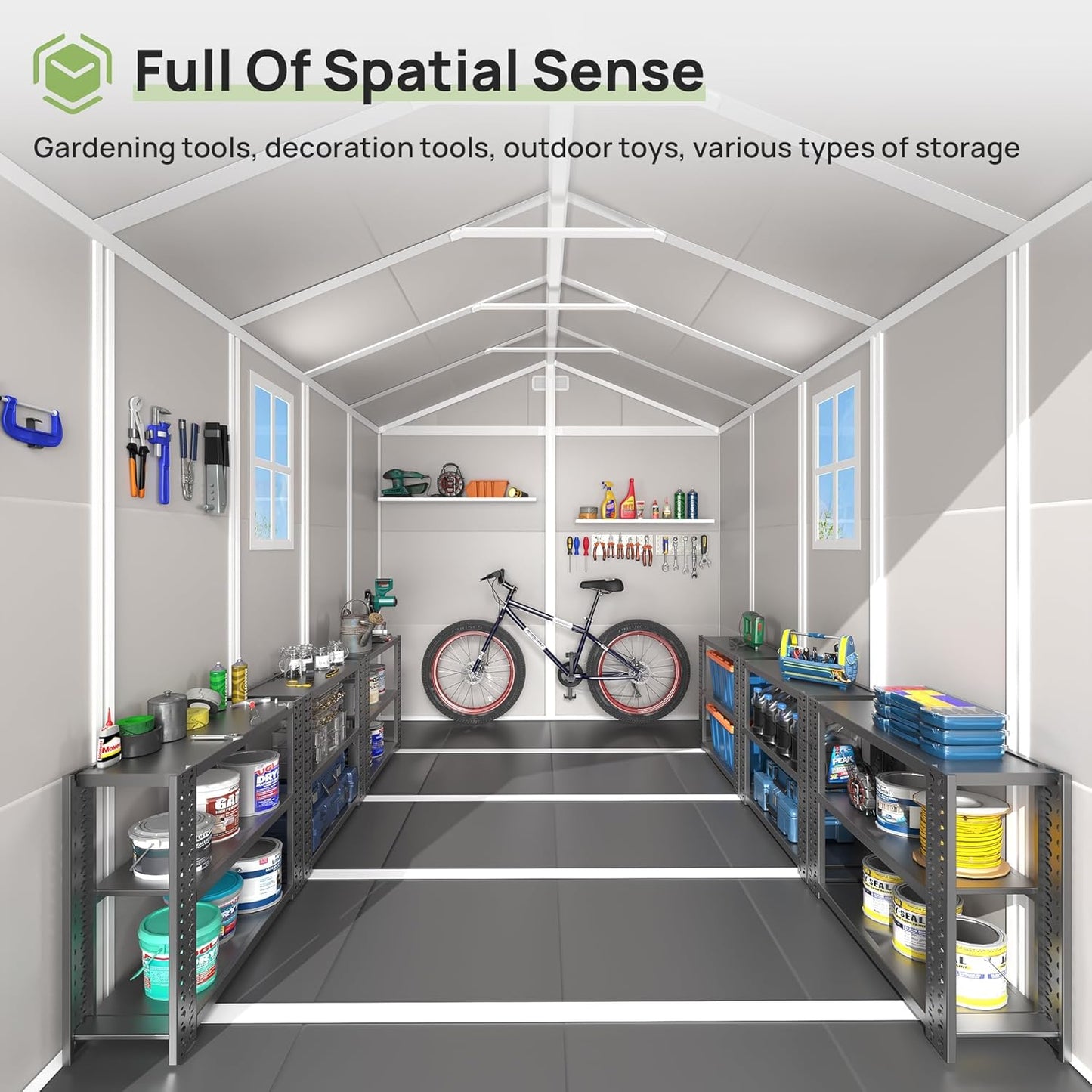 Resin Outdoor Storage Shed with Floor, 8x10.5 FT Plastic Garden Shed with Lockable Door & Window for Bike, Garbage Can, Lawn Mower, Bedge