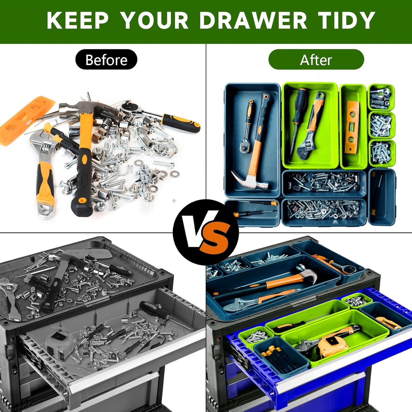 Tool Box Organizer Tray, Toolbox Desk Drawer Organizer, Tool Box Tray, Toolbox Organization Storage for Rolling Tool Chest (60PCS (Blue+Green))