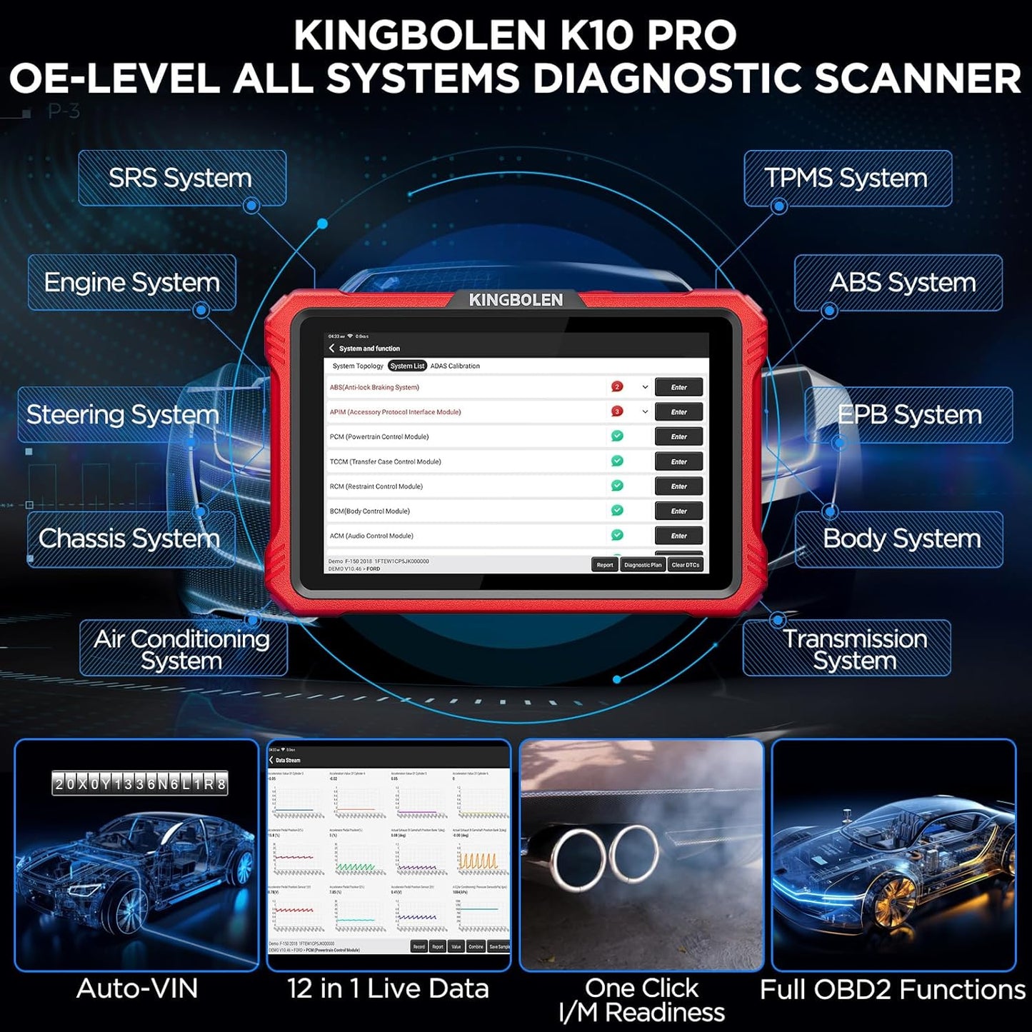 KINGBOLEN K10 Pro Bidirectional Test Diagnostic Scan Tool Bluetooth OBD2 Scanner Full System 10" Screen Code Reader Topological Graph 40+ Reset ECU Coding ADAS DoIP&CAN-FD FCA SGW 2 Years Free Update