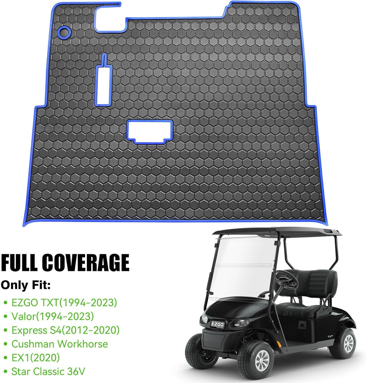 EZGO TXT Golf Cart Full Coverage Floor Liner Mat, fits EZGO TXT (1994+), Valor(1994+), Express S4(2012-2020), Cushman Workhorse, EX1(2020), Thick Anti-Slip Rubber, Blue Trim