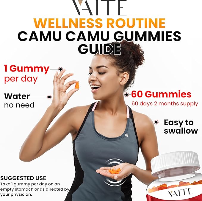 Camu Camu Vitamin C Gummies for Skin and Hair – Antioxidant-Rich, Vegan, Gluten-Free Supplement for Immune Support, Energy Boost, and Collagen – 60 Chewables for Active Men and Women