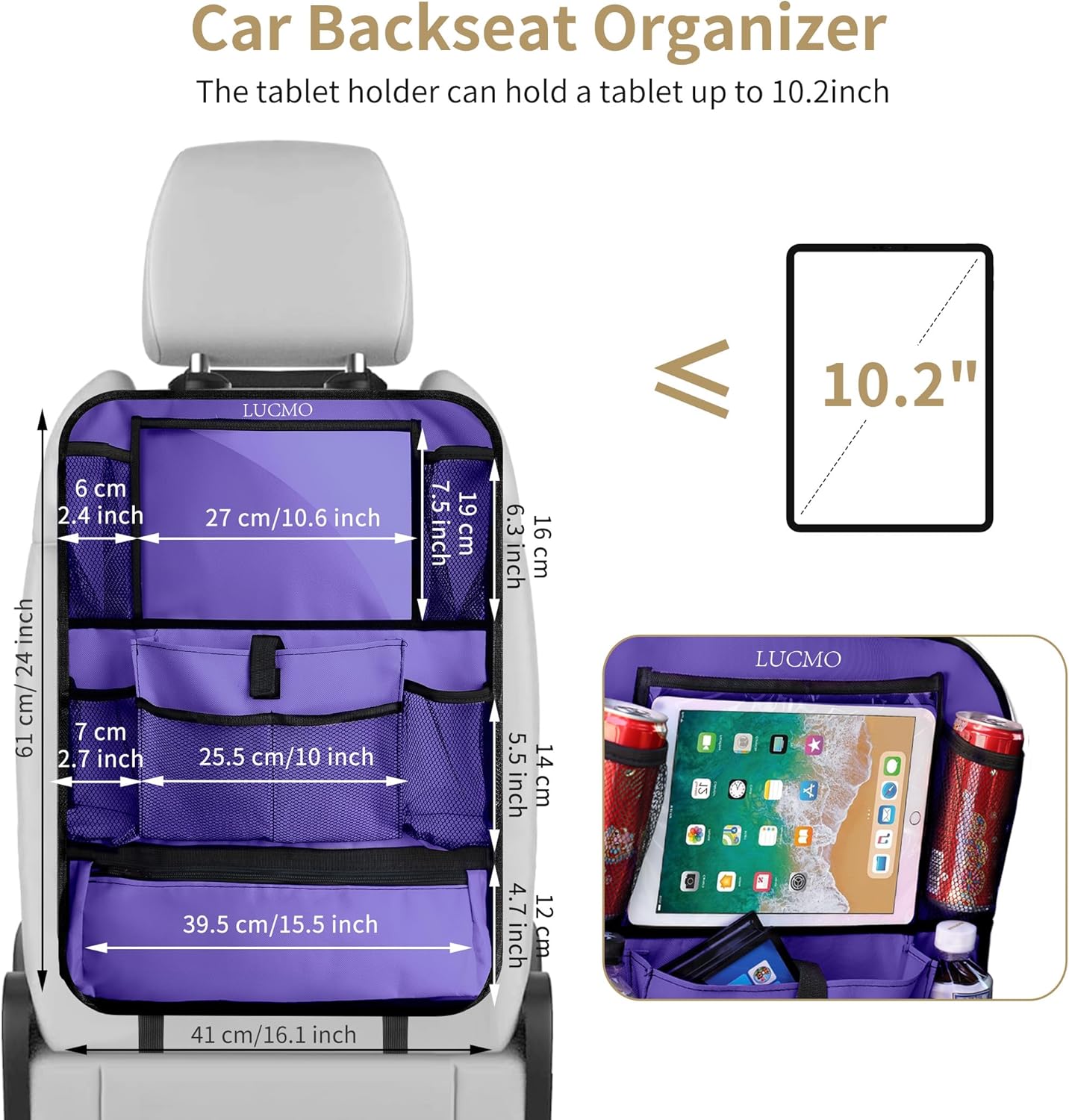 LUCMO Car Backseat Organizer with Touch Screen Tablet Holder-2 Pcs,9 Storage Pockets Car Storage Organizer Protectors Kick Mats Travel Accessories for Kids-Purple