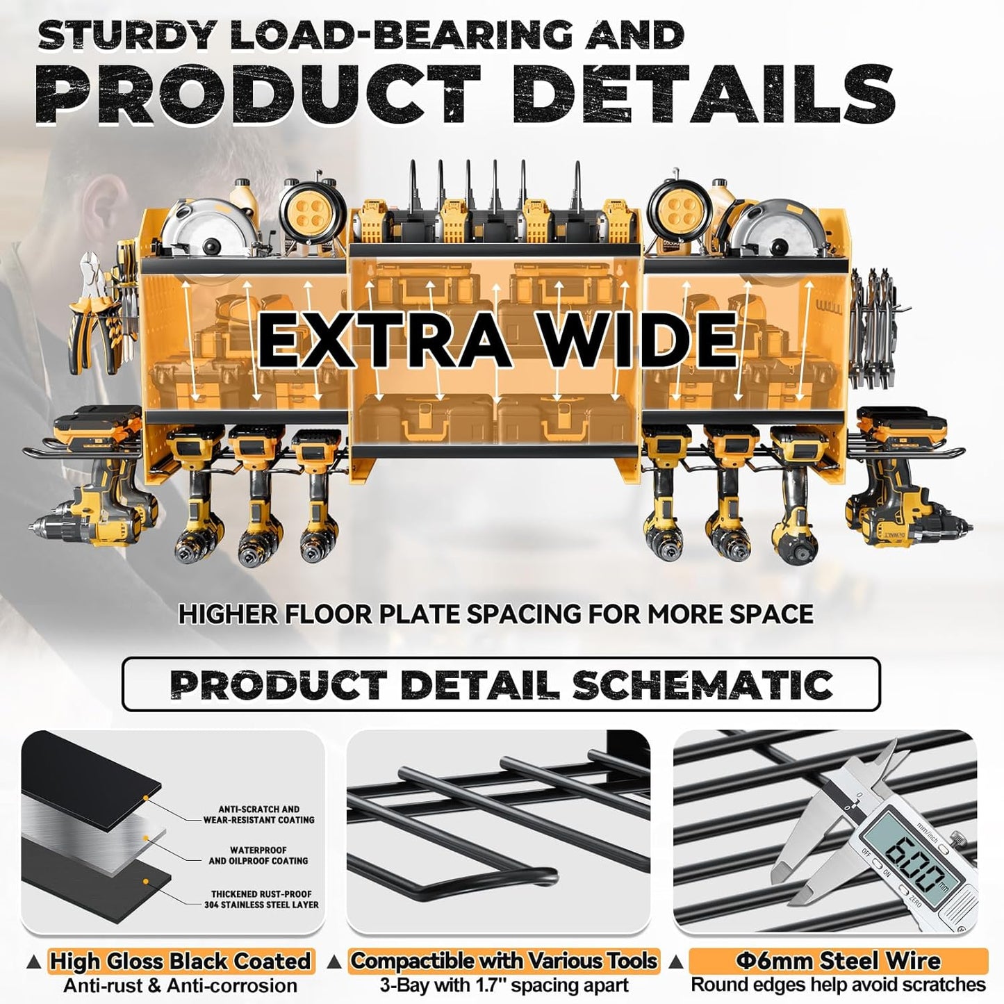 Upgrade Large Power Tool Organizer Wall Mount with Charging Station Tool Storage Rack with 6.5FT Power Strip 10 Drill Holder and Storage Rack for Garage Organization