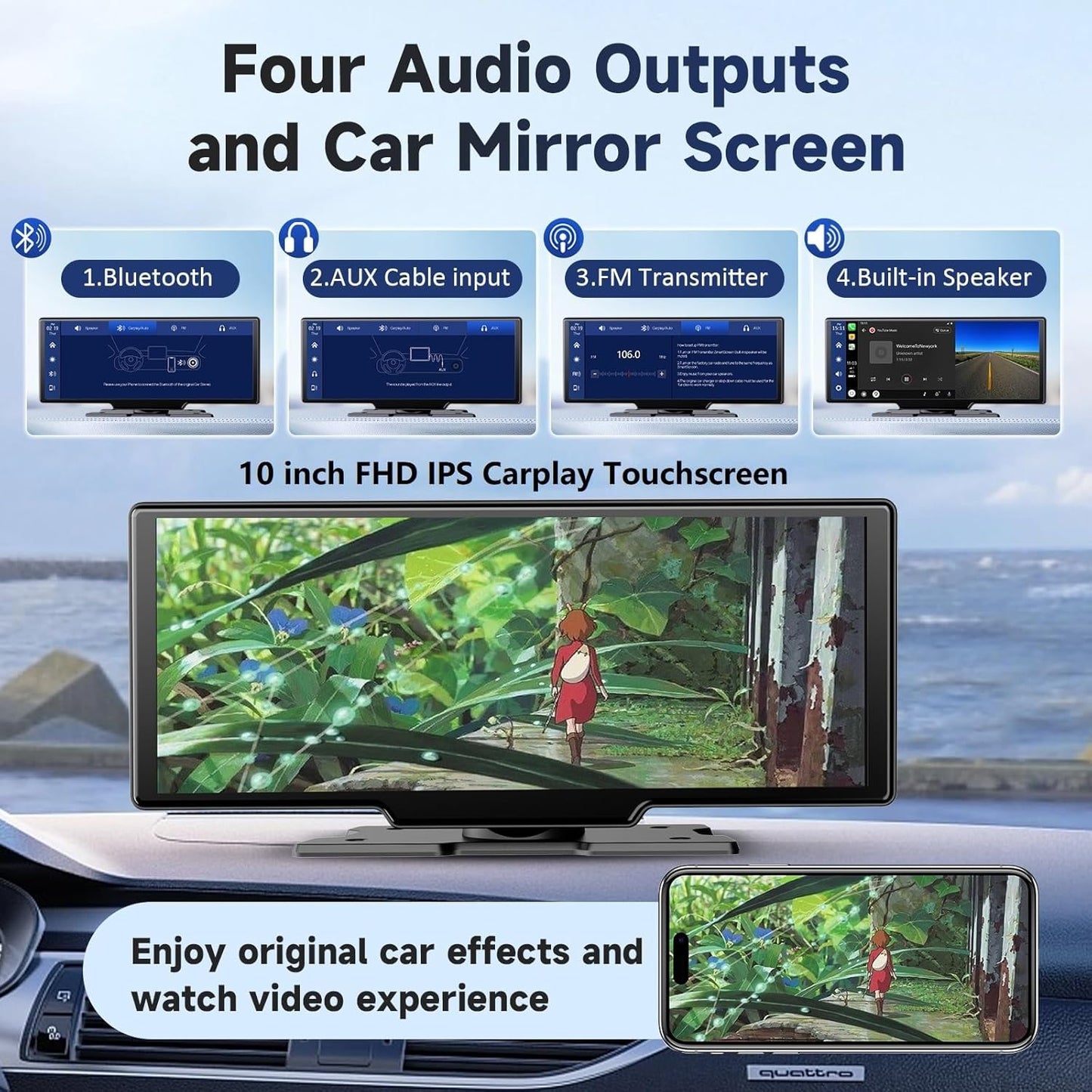 Wireless Portable Carplay Screen for Car - 10.26Inch Carplay & Android Auto Car Touch Stereo, with 4K Dash Cam, Backup Camera,Bluetooth,GPS Navigation