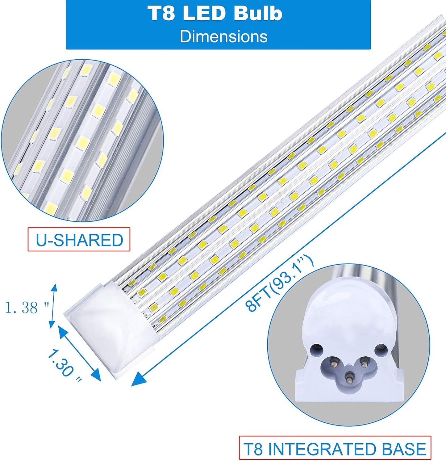6 Pack, 8FT LED Shop Light Fixture, 144W 18500LM 5000K, Daylight White, U Shape, Clear Cover, Hight Output, Linkable Shop Lights, T8 LED Tube Lights, 8 LED shop lights for garage 8 foot with plug