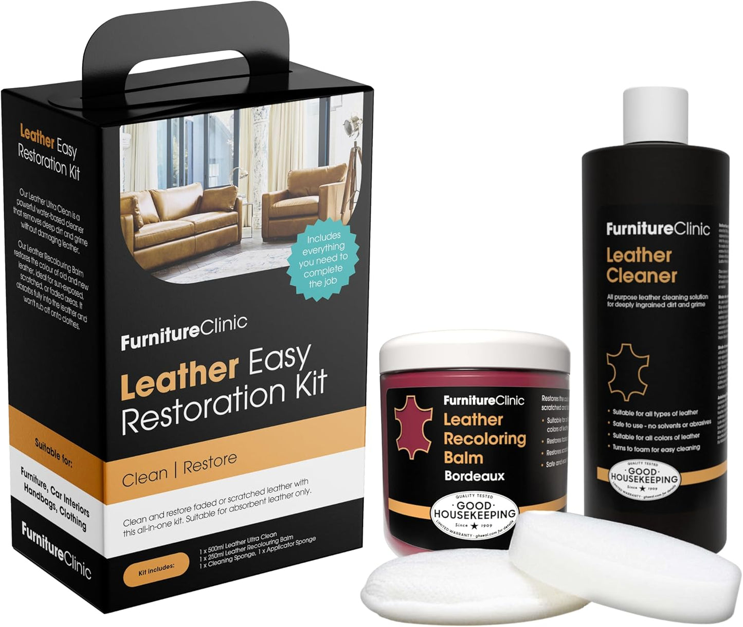 Furniture Clinic Leather Easy Restoration Kit | with Leather Recoloring Balm, Cleaner, Sponge, and Cloth | Leather Repair Kit for Scratched and Faded Furniture (Bordeaux)