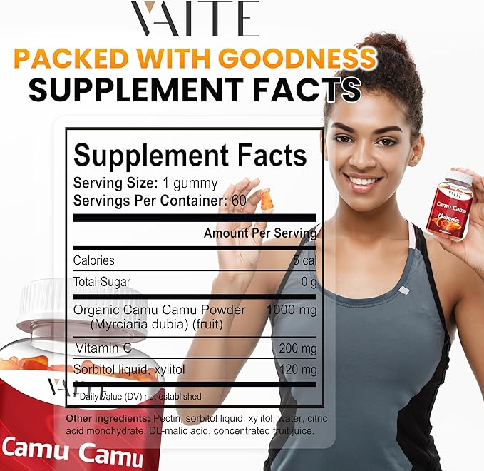 Camu Camu Vitamin C Gummies for Skin and Hair – Antioxidant-Rich, Vegan, Gluten-Free Supplement for Immune Support, Energy Boost, and Collagen – 60 Chewables for Active Men and Women