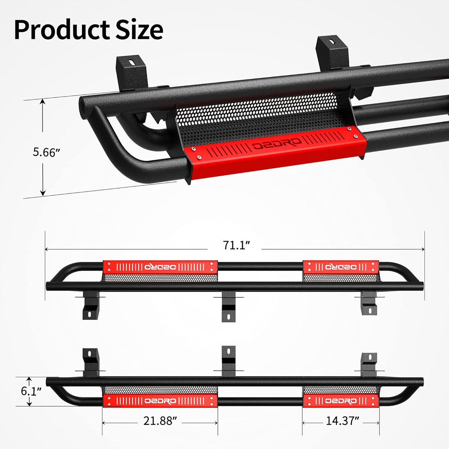 oEdRo 6 inch Running Boards Compatible with 2018-2025 Jeep Wrangler JL Unlimited 4 Door, Bolt-on Drop Side Steps Rails, Powder Coated Black and High Gloss Red Nerf Bar