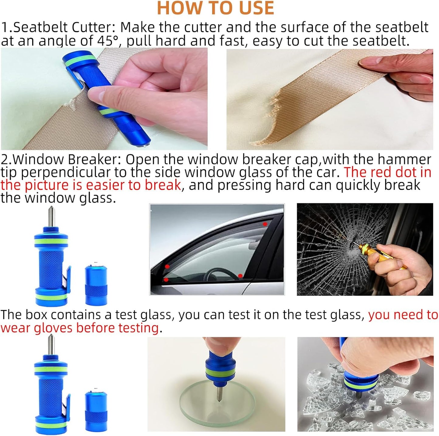 Allelic Car Window Breaker Tool, Window Breaker Seatbelt Cutter, Window Breaker, Glass Breaker, Spring Loaded Window Breaker for Land & Underwater (Blue)