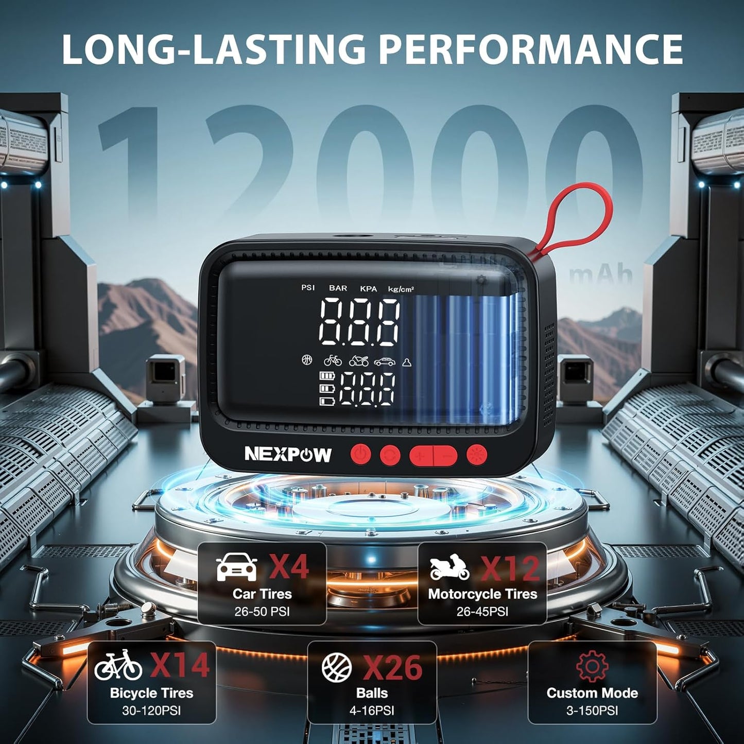 NEXPOW Tire Inflator Portable Air Compressor, 150 PSI Cordless Air Pump for Car Tires with Dual Digital Pressure Gauge and Auto Shut-Off, Portable Tire Inflator for Car, Motorcycle, Bicycle, Balls etc