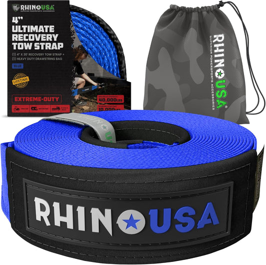Rhino USA Recovery Tow Strap (4" x 30') - 40,320lb Break Strength - Emergency Recovery Strap Tow Rope for Diesel Trucks, Backhoe, Excavators & More - Heavy Duty Towing Strap for Offroad 4x4 Use (Blue)