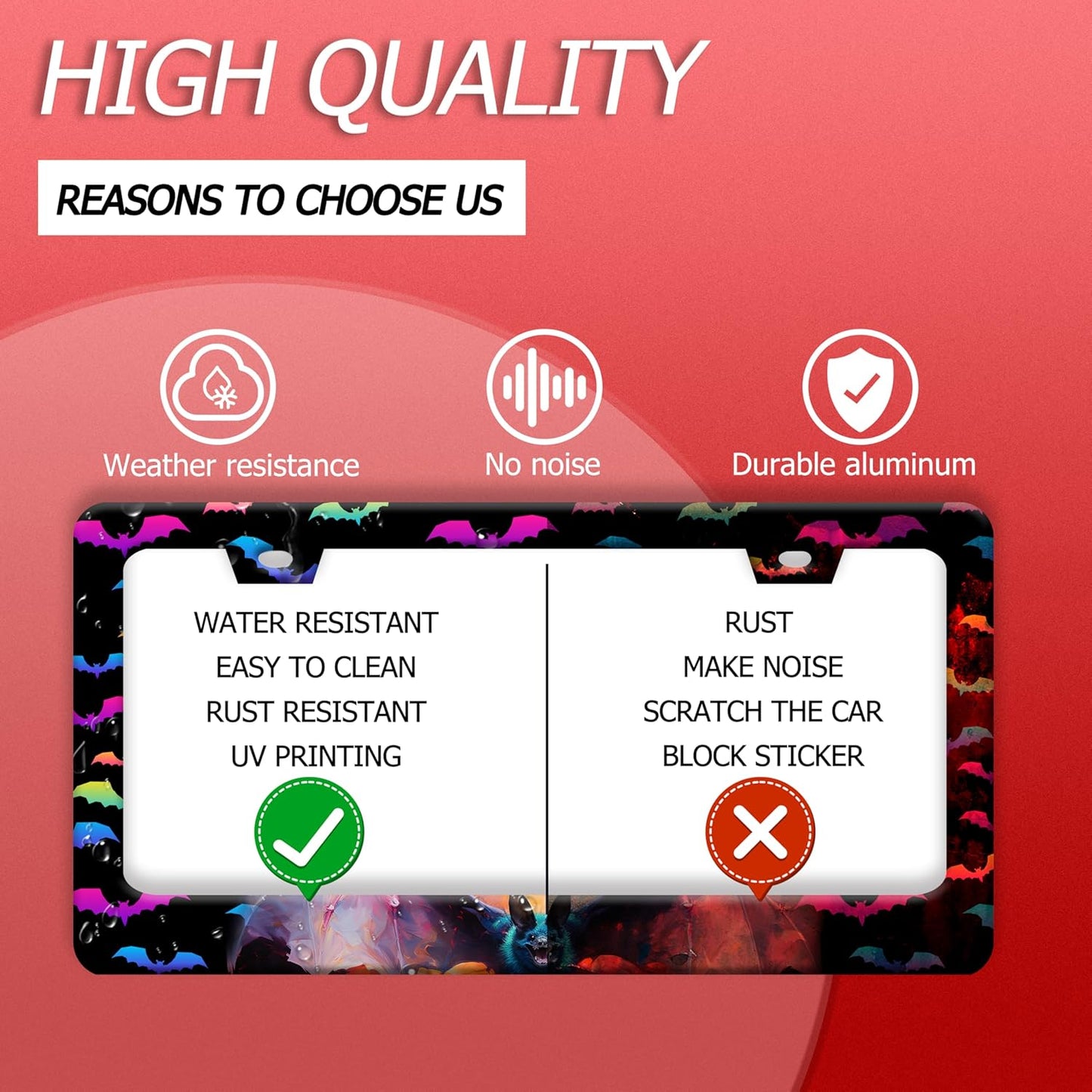 Bat License Plate Frame Funny Gothic License Plate Frames Stainless Steel Accessories Cars Decor with 2 Holes and Screws Reusable Fits Standard Us Ca Vehicles License Plate Holder 12.2 X 6 Inch