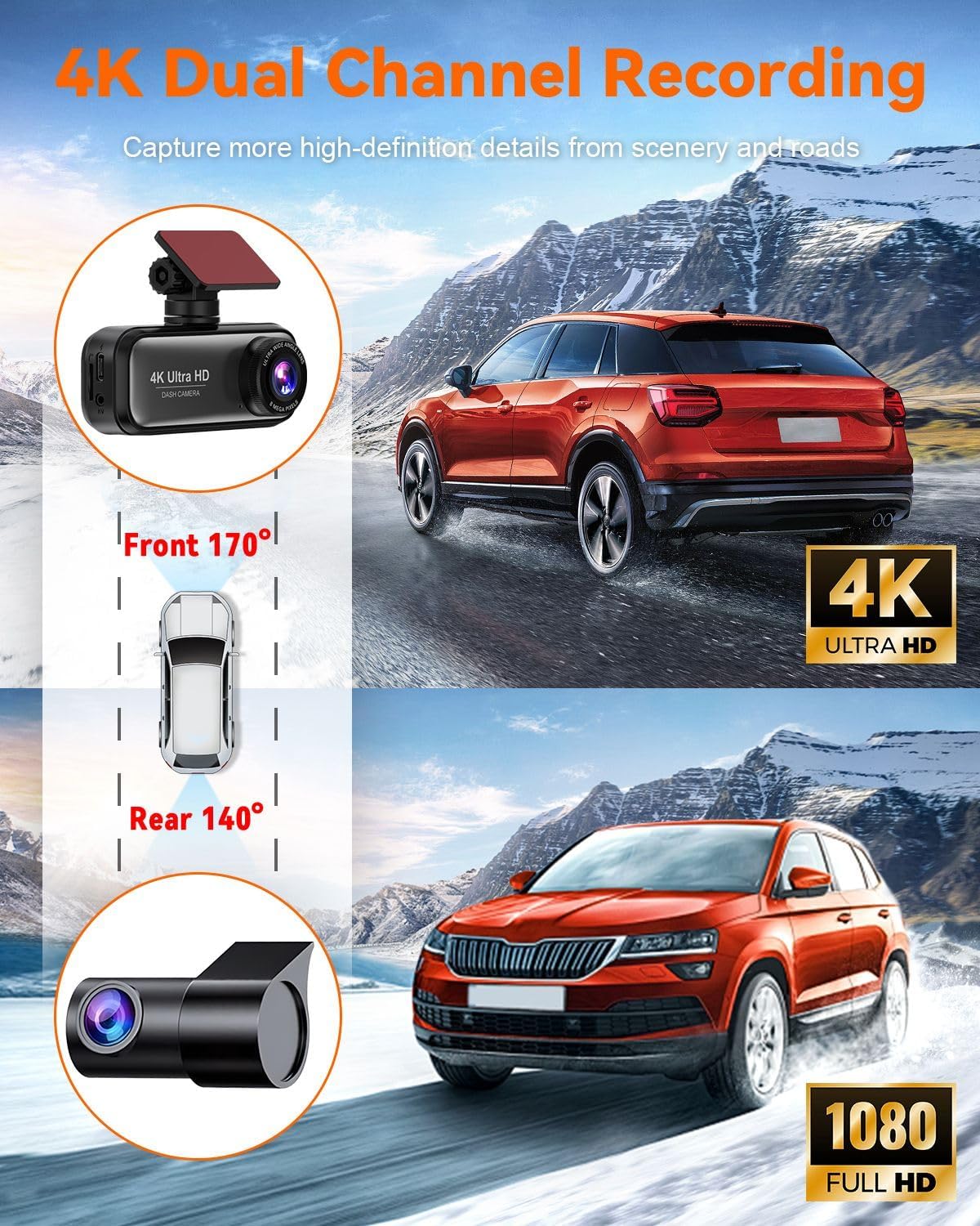 Dash Cam Front and Rear with 64GB Card, 4K+1080P Dual Dash Camera for Cars, Mini Car Camera, APP Control, Built-in Wi-Fi & G-Sensor, 170°Wide Angle, WDR, Night Vision, Loop Recording, Parking Mode