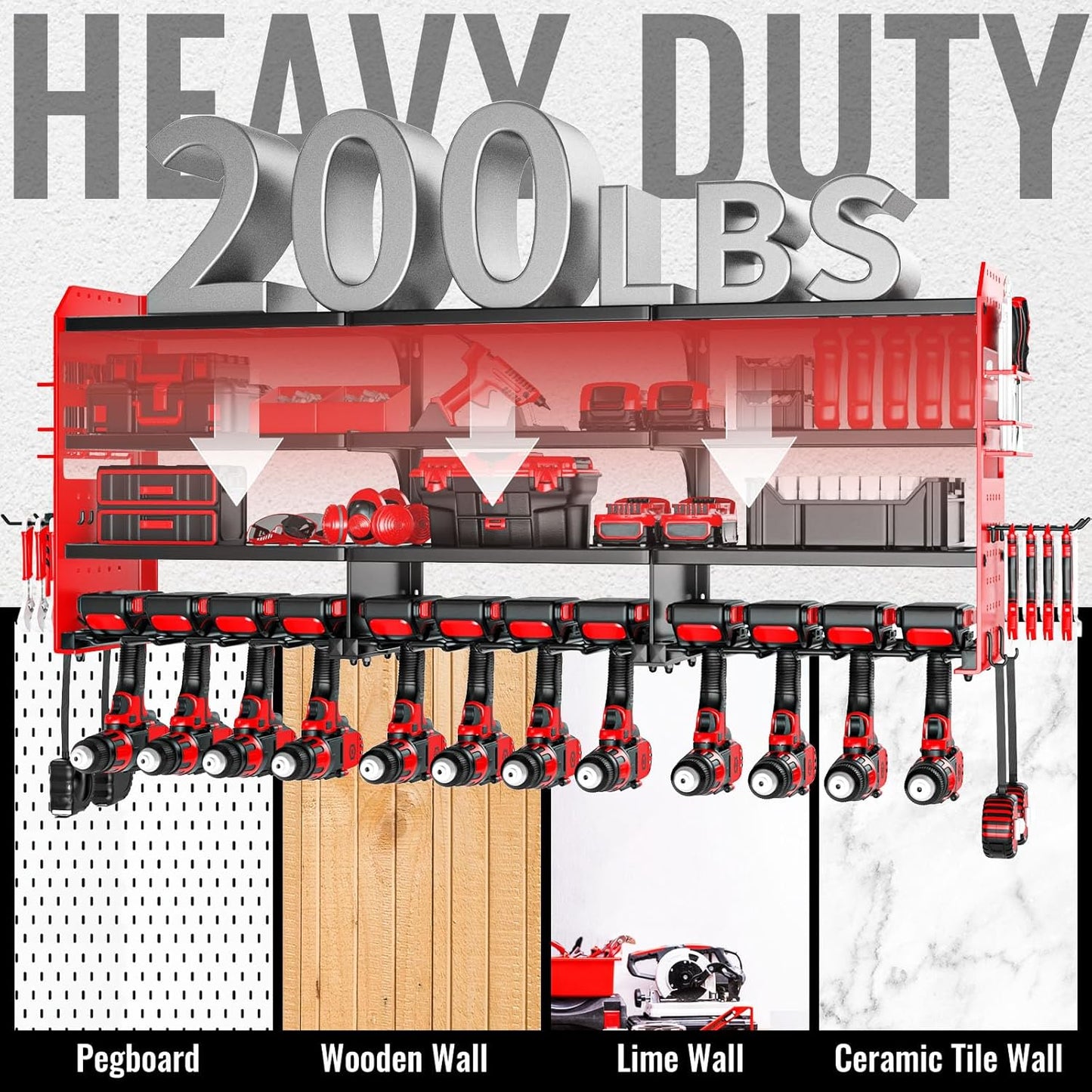 Large Power Tool Organizer Wall Mount-12 Drill Holder, Metal Heavy Duty Garage Tool Storage Shelves with Screwdriver Plier Holder, Gifts Idea for Men Dad Husband