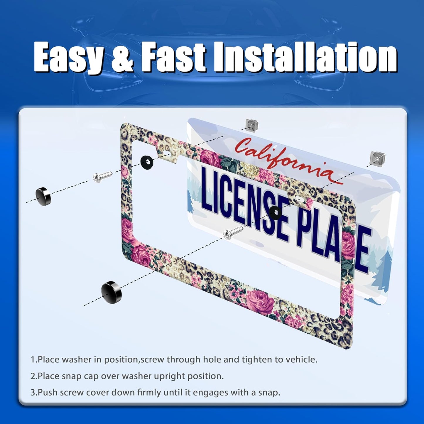 Rose Leopard Print License Plate Frame Vintage Floral License Plate Stainless Steel Funny License Plate Holder Cheetah Car Accessories Decoration with Screws Fits Standard Vehicles Size 12.3" x 6.3"