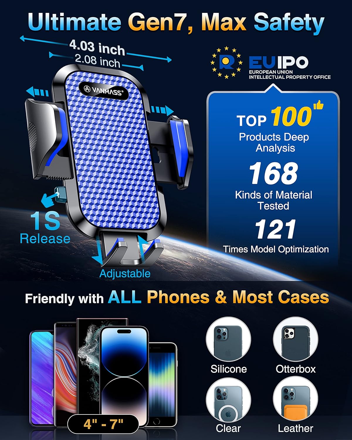 VANMASS Ace Car Phone Holder Mount New Upgraded [Military Steel Hook & Super Suction Cup] Handsfree Cell Phone Holder Car Dash Windshield Air Vent Stand for iPhone 14 13 12 Pro Max Samsung Truck,Blue