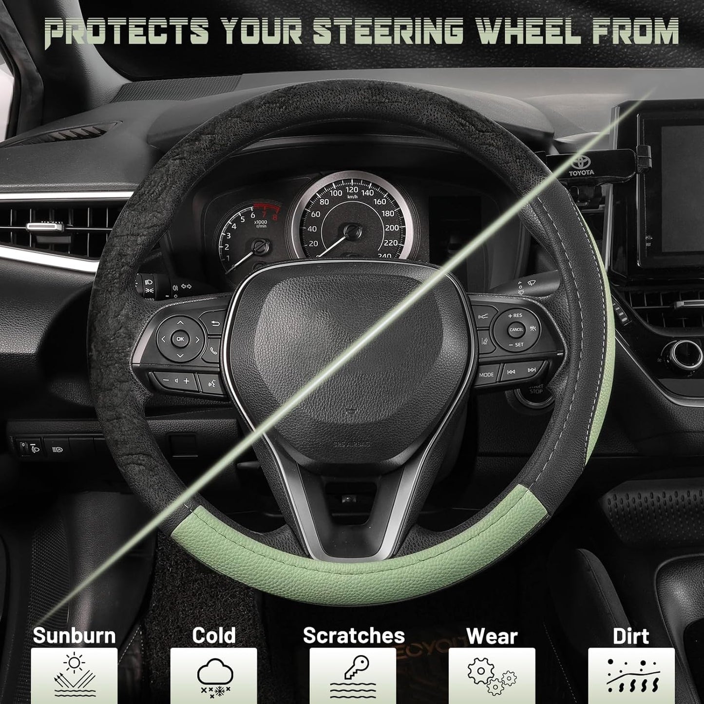 SEG Direct Steering Wheel Cover for Car, Standard Size 14.5-15 inch, Auto Interior Accessories, Black and Pastel Green