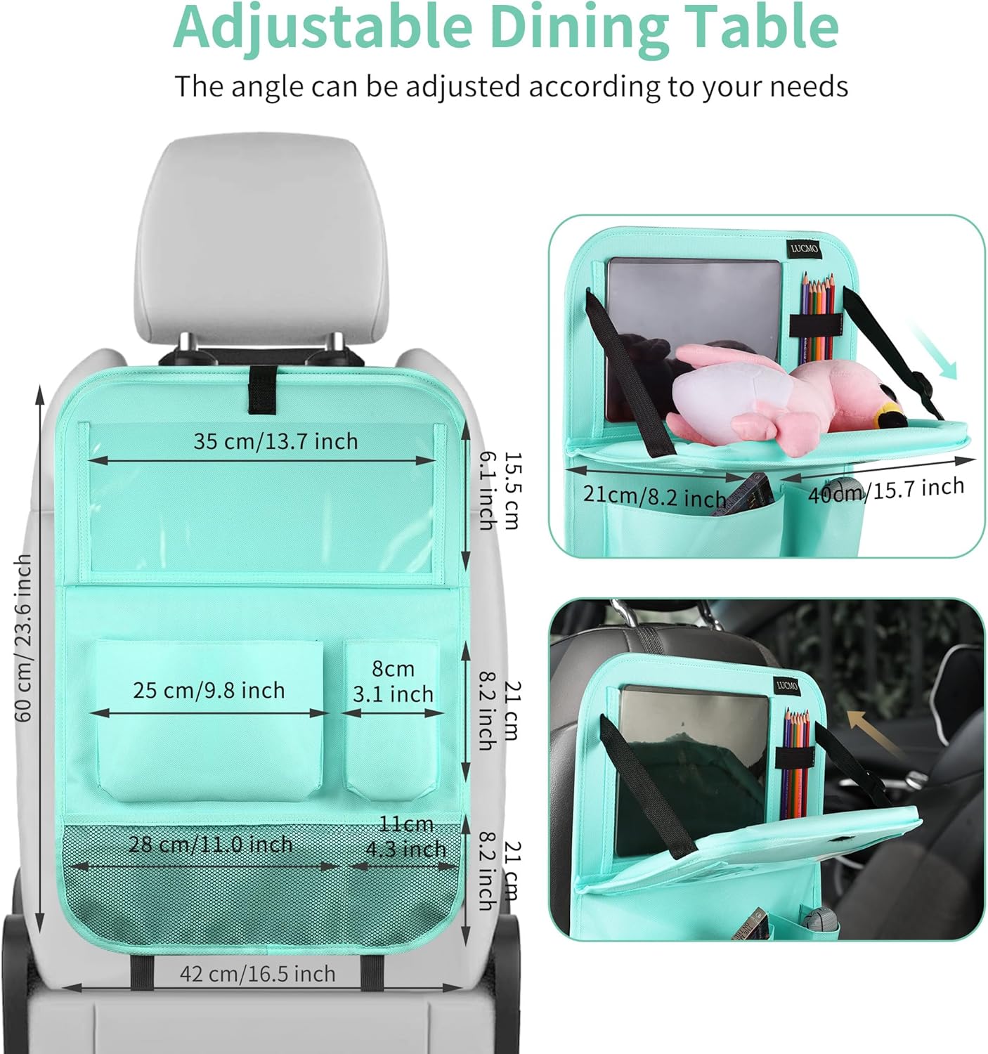 LUCMO Car Backseat Organizer with Tablet Holder-2 Pcs,6 Storage Pockets Car Storage Organizer with Foldable Food Tray,Protectors Kick Mats Travel Accessories-Light Blue