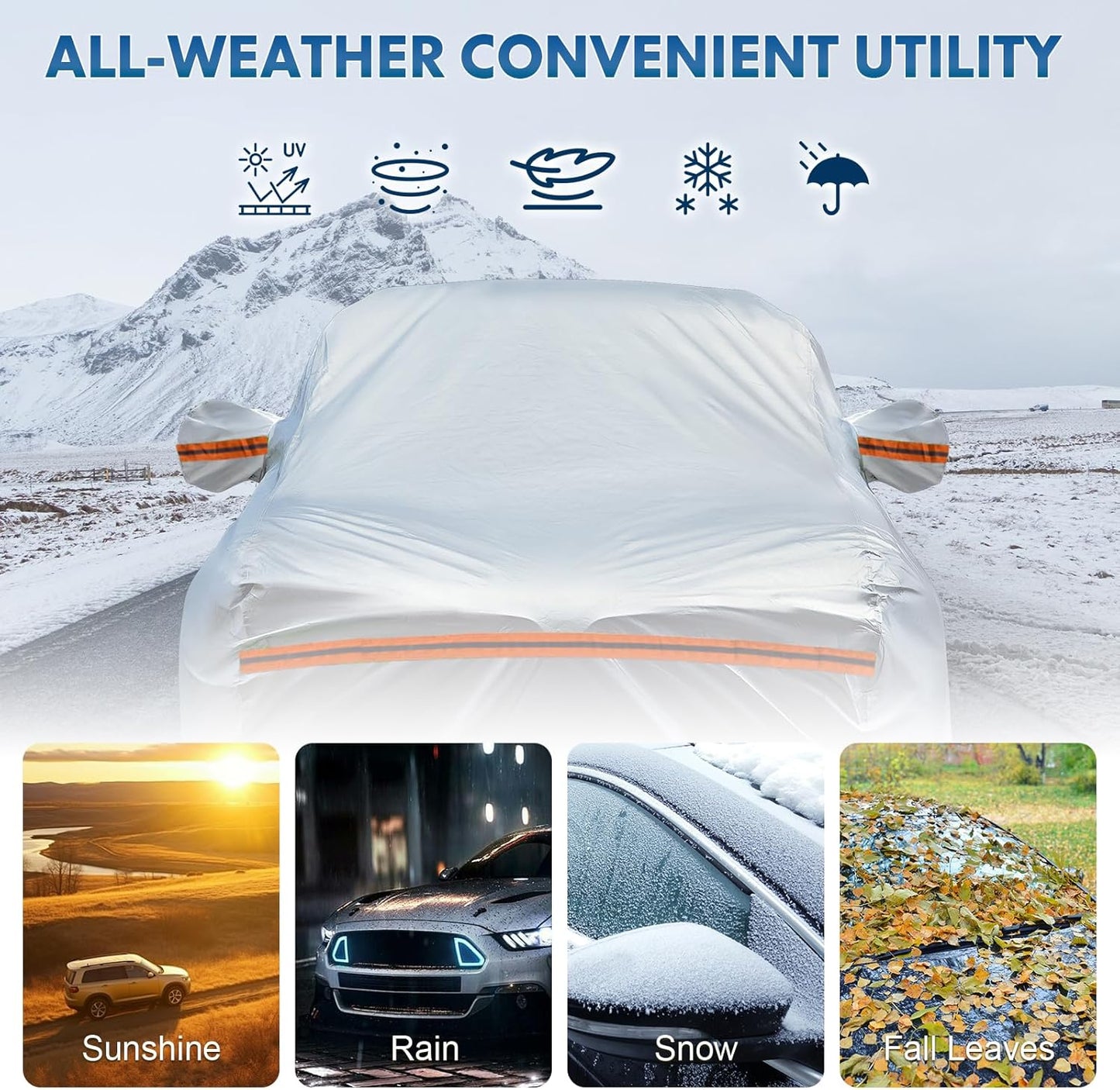 KEYOOG 6-Layer Full Car Cover is All-Weather Waterproof, Universal in All Seasons, Snow Prevention, Rainproof, Acid Rainproof, Sunscreen, Ultraviolet-Proof, Fit SUV 214"-236" Orange Reflective Strip