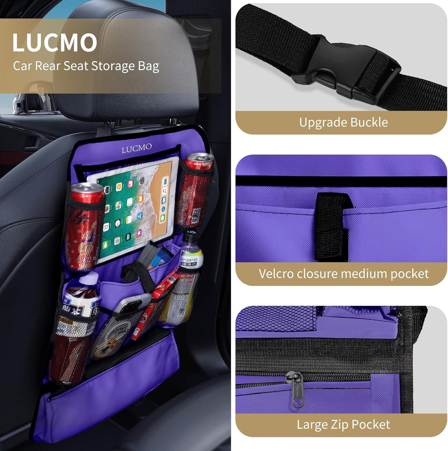 LUCMO Car Backseat Organizer with Touch Screen Tablet Holder-2 Pcs,9 Storage Pockets Car Storage Organizer Protectors Kick Mats Travel Accessories for Kids-Purple