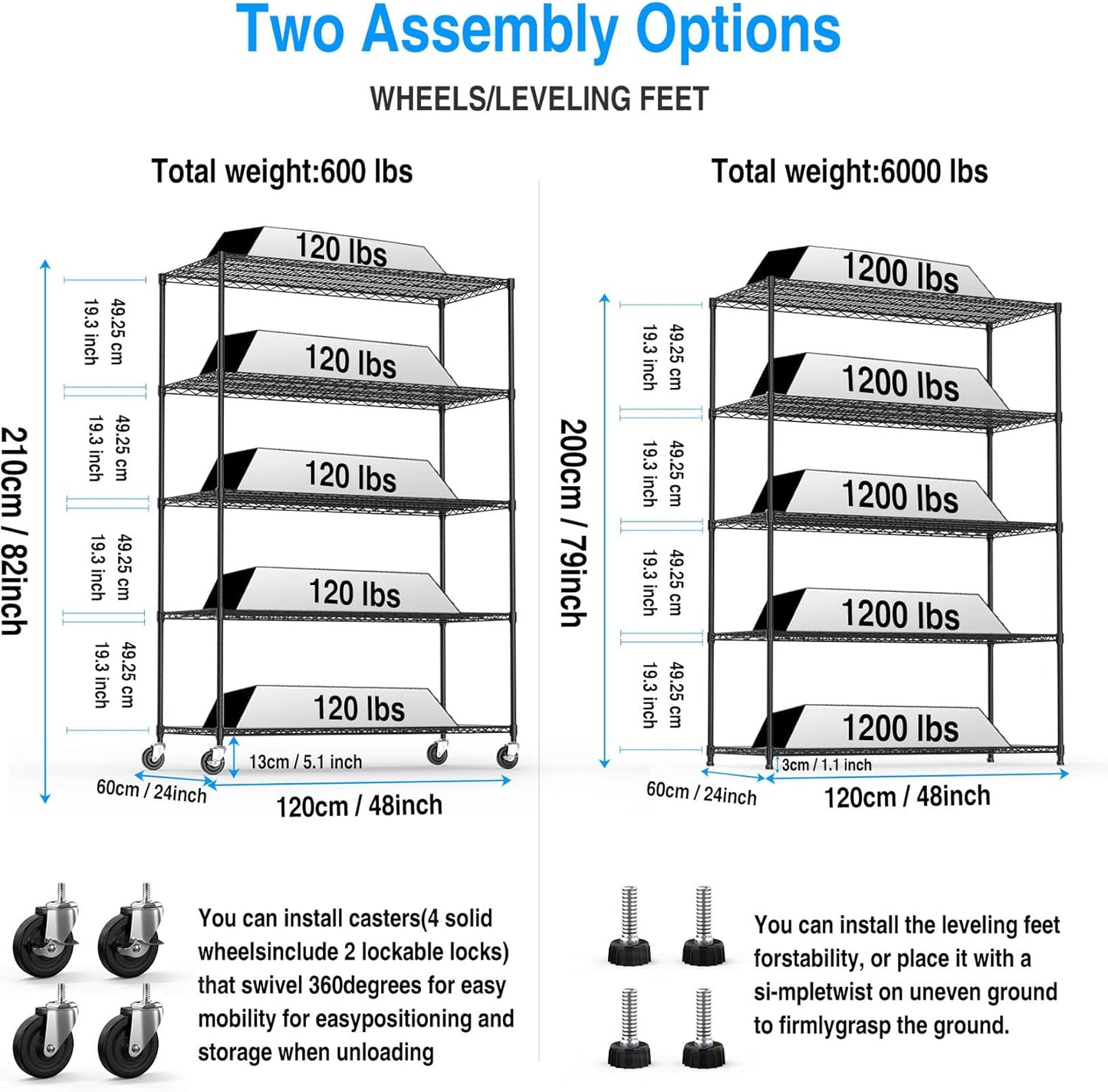 pouseayar Black 5 Tier Shelf Wire Shelving Unit, 6000lbs Capacity NSF Metal Heavy Duty Adjustable Storage Rack with Wheels & Shelf Liners, 82" H x 48" L x 24" D
