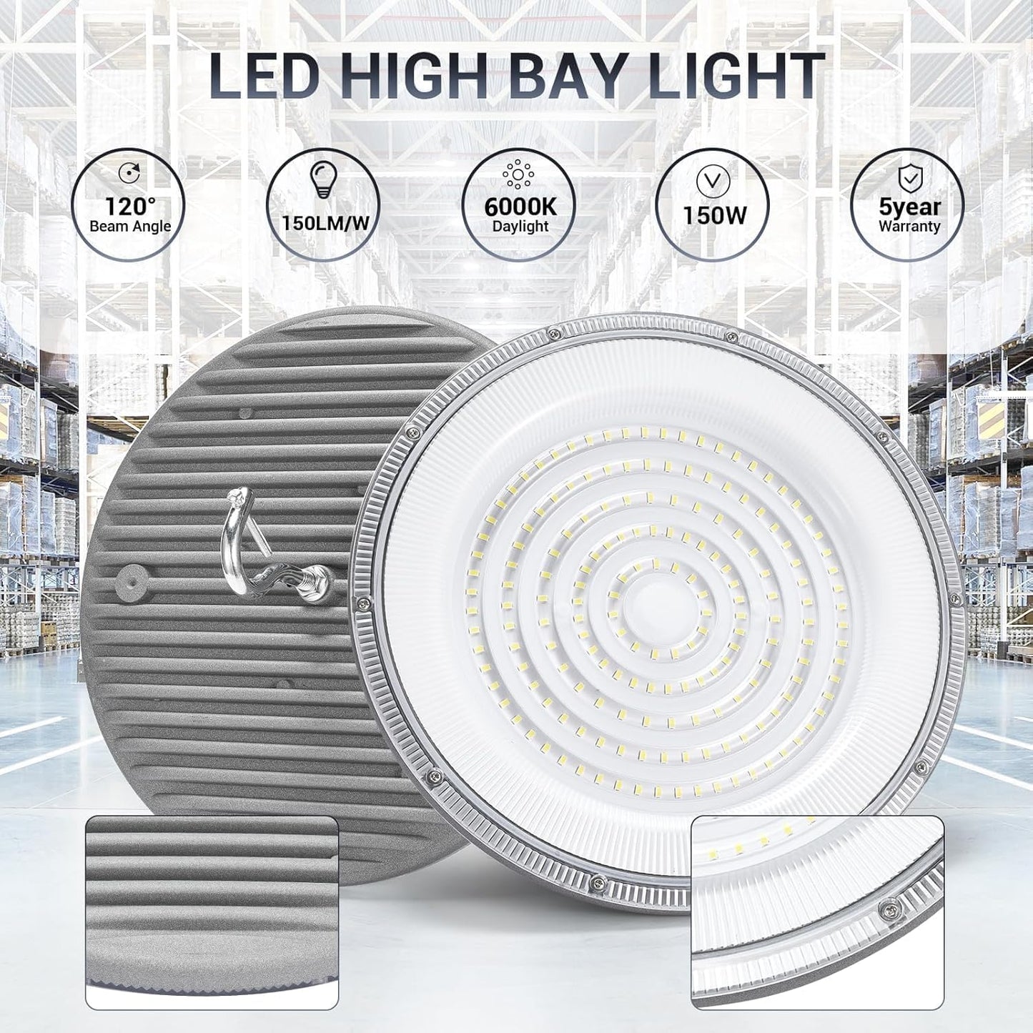 10 Pack 150W UFO Led High Bay Light 6000K Daylight,120VAC,Commercial Bay Lighting,IP66 Waterproof,21050LM,650W MH/HPS with Plug Area Lighting for Warehouse/Shop/Workshop/Barn/Gym/Factory