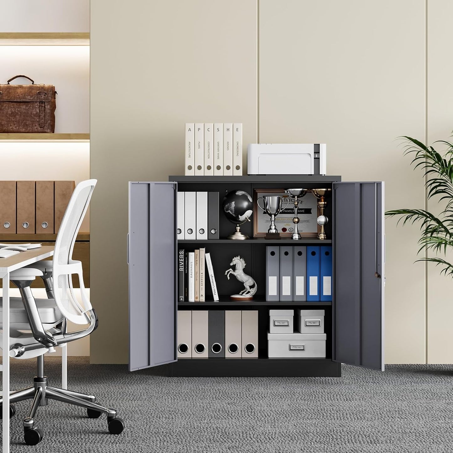 Yizosh Metal Garage Storage Cabinet with 2 Doors and 2 Adjustable Shelves - 35.5" Steel Lockable File Cabinet for Home Office,Garage,Gym,School（Gray Black）