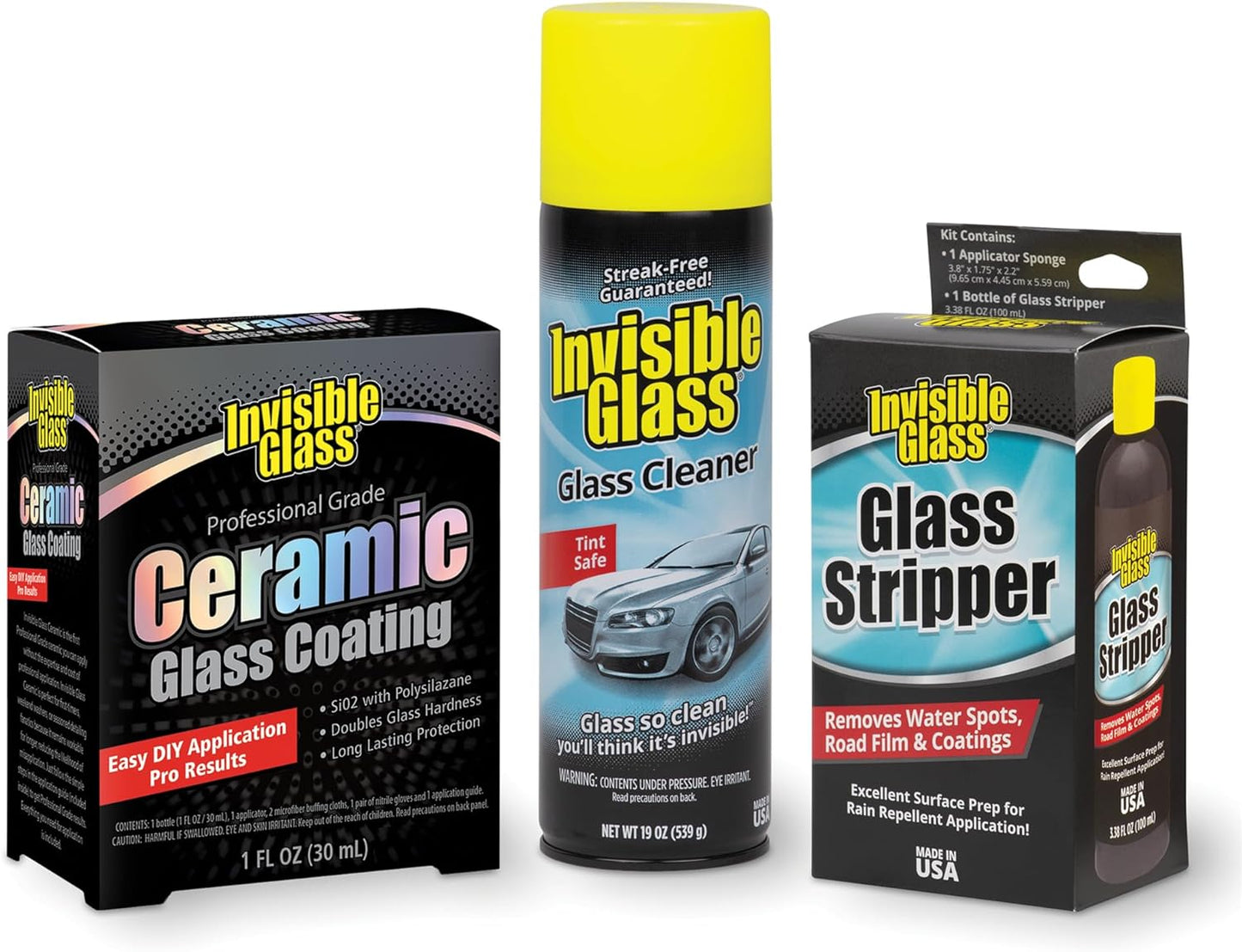 Invisible Glass 99607 Glass Care Kit – Clean with Aerosol Glass Cleaner, Strip Water Spots with Glass Stripper, Protect with Ceramic Coating for Long-Lasting Hydrophobic Protection