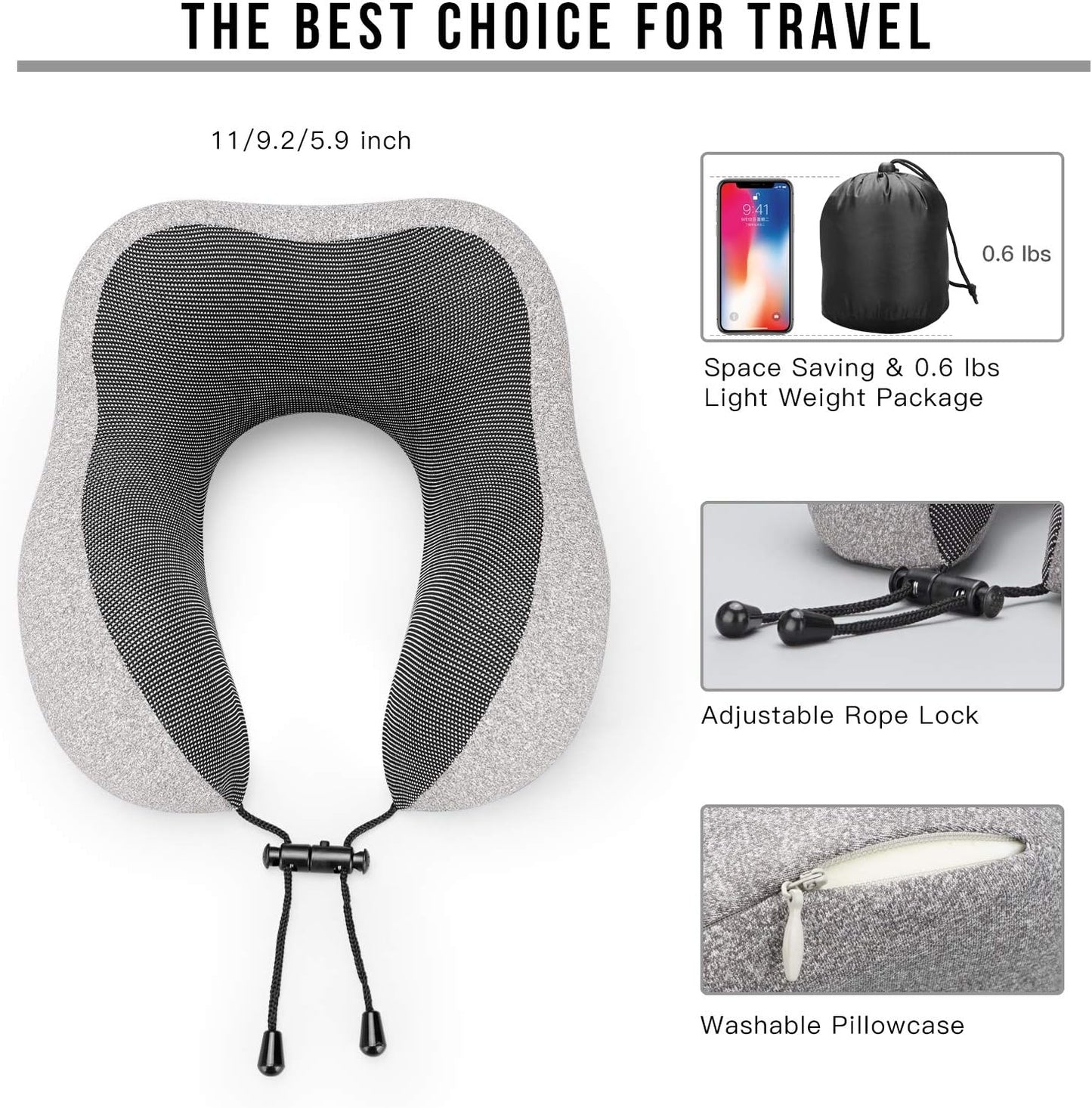 MLVOC Travel Pillow 100% Pure Memory Foam Neck Pillow, Comfortable & Breathable Cover, Machine Washable, Airplane Travel Kit with 3D Sleep Mask, Earplugs, and Luxury Bag,Standard (Grey)