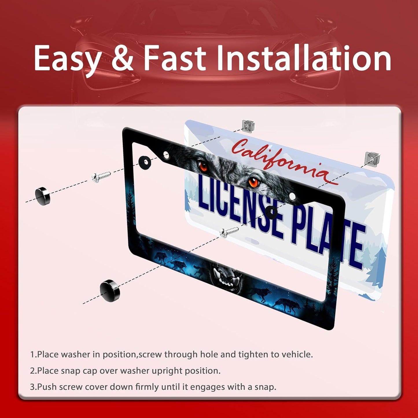 Personalized License Plate Frame Wolf Howling Stainless Steel Accessory Night Forest Animal Holder Funny Car Decorative 2 Holes Screws Fits Us Standard License Plates 12.2 X 6.3 in for Men Women