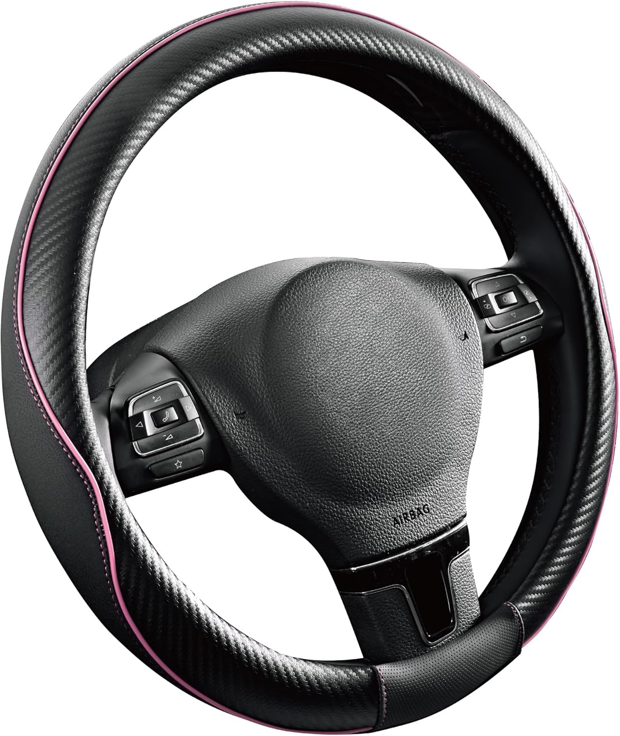 PIC AUTO Steering Wheel Cover, Pink Piping Leather, Sports Carbon Fiber and Super Breathable Leather, Universal 14.5-15.5 Inch Anti-Slip Steering Wheels Accessories for Men & Women
