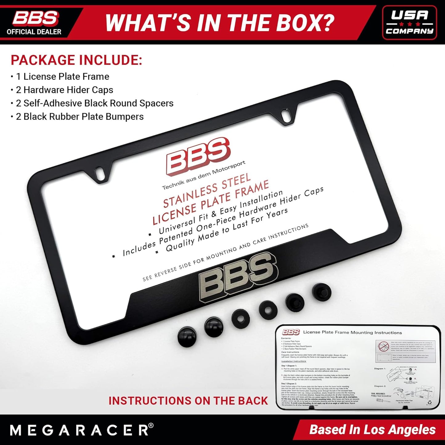 BBS Official Black Stainless Steel License Plate Frame – Made in USA – Premium Rustproof Powder-Coated Metal Car Accessory – Universal Fit – 1 Pack