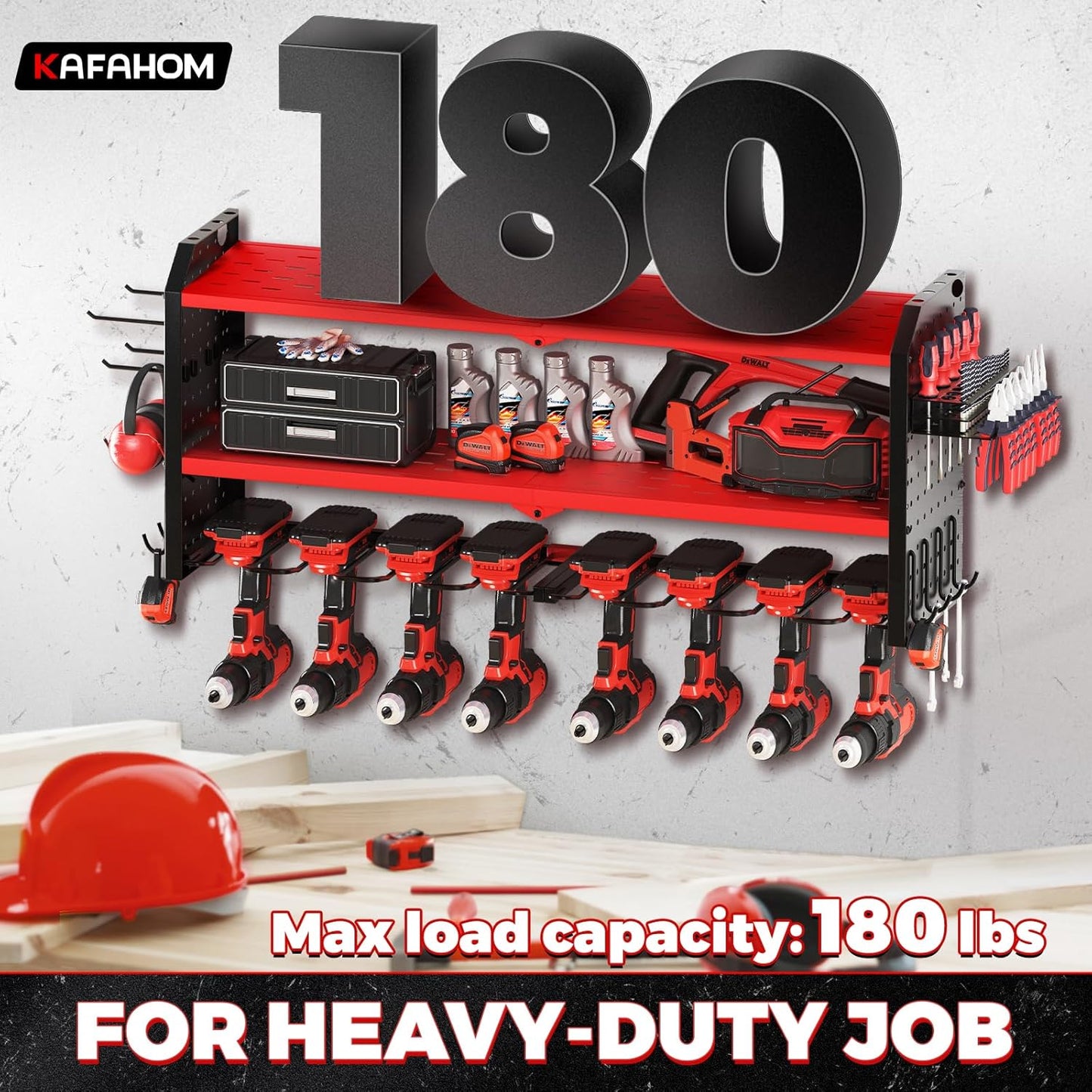 KAFAHOM Power Tool Organizer, Large 8 Drill Holder Wall Mount with 2 Side Pegboards, Heavy Duty Metal Tool Shelf with 12 Hooks, Storage Rack for Garage Organization, Utility Battery Shelves - Red