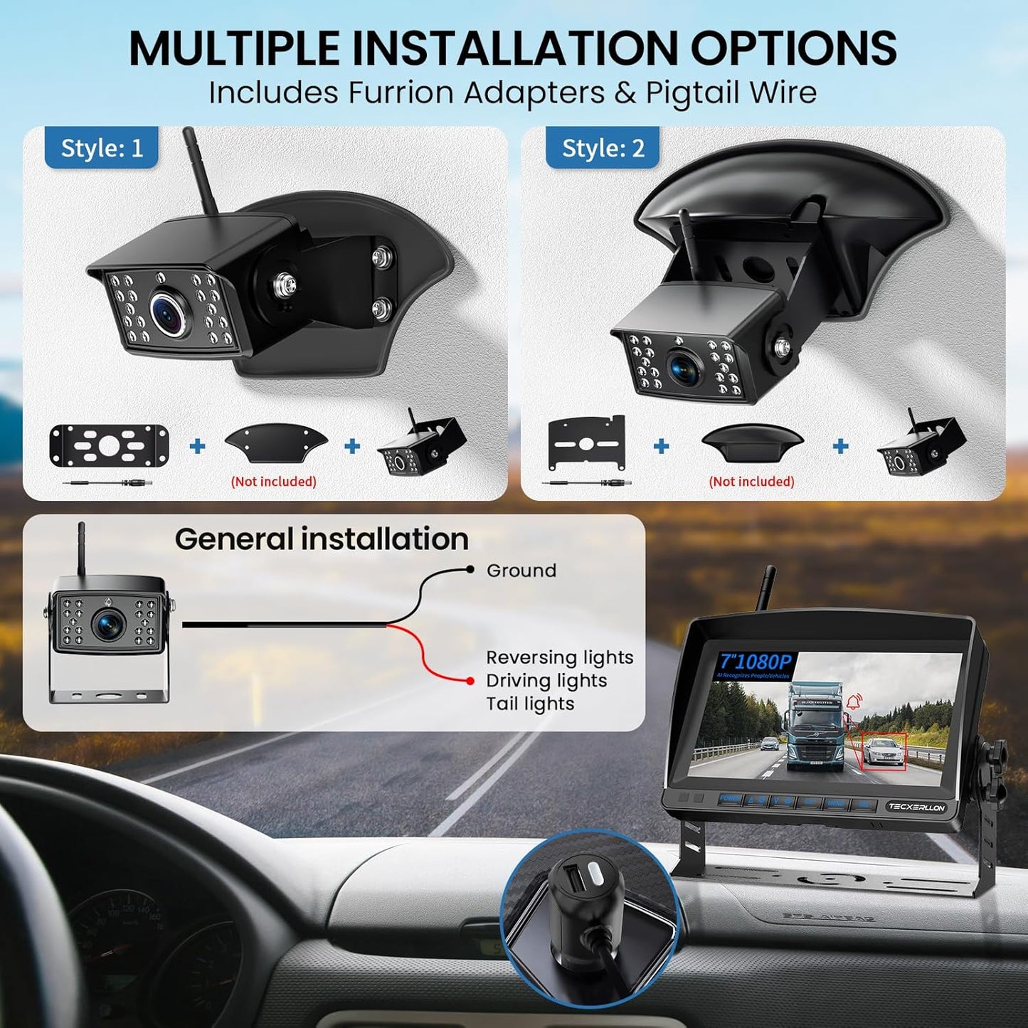 RV Backup Camera, 7'' 1080P Vehicle Backup Cameras with AI Detection, Waterproof Wireless Backup Camera with DVR Recording & Night Vision for Car, Van, SUV, Truck, Trailer