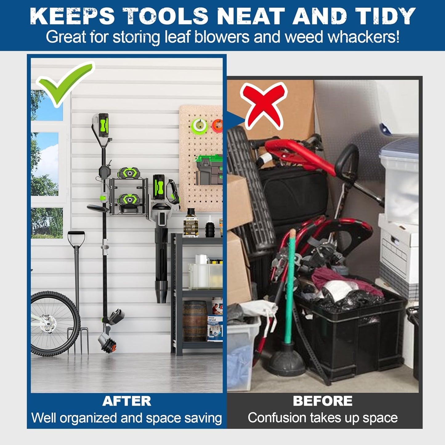Pugala Universal Storage Rack for Leaf Blower, Weed Eater, and Power Tools – Adjustable Wall Mount Organizer with Heavy-Duty Steel, Powder-Coated Finish, and Battery Storage – Black