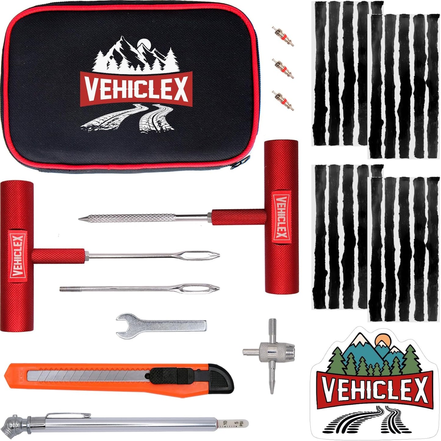 Vehiclex Tire Repair Kit for Plug and Patch with Aluminum Handled Tools - Emergency Kit in Zippered Bag for Car, Motorcycle, ATV, Tractor, Lawn Mower