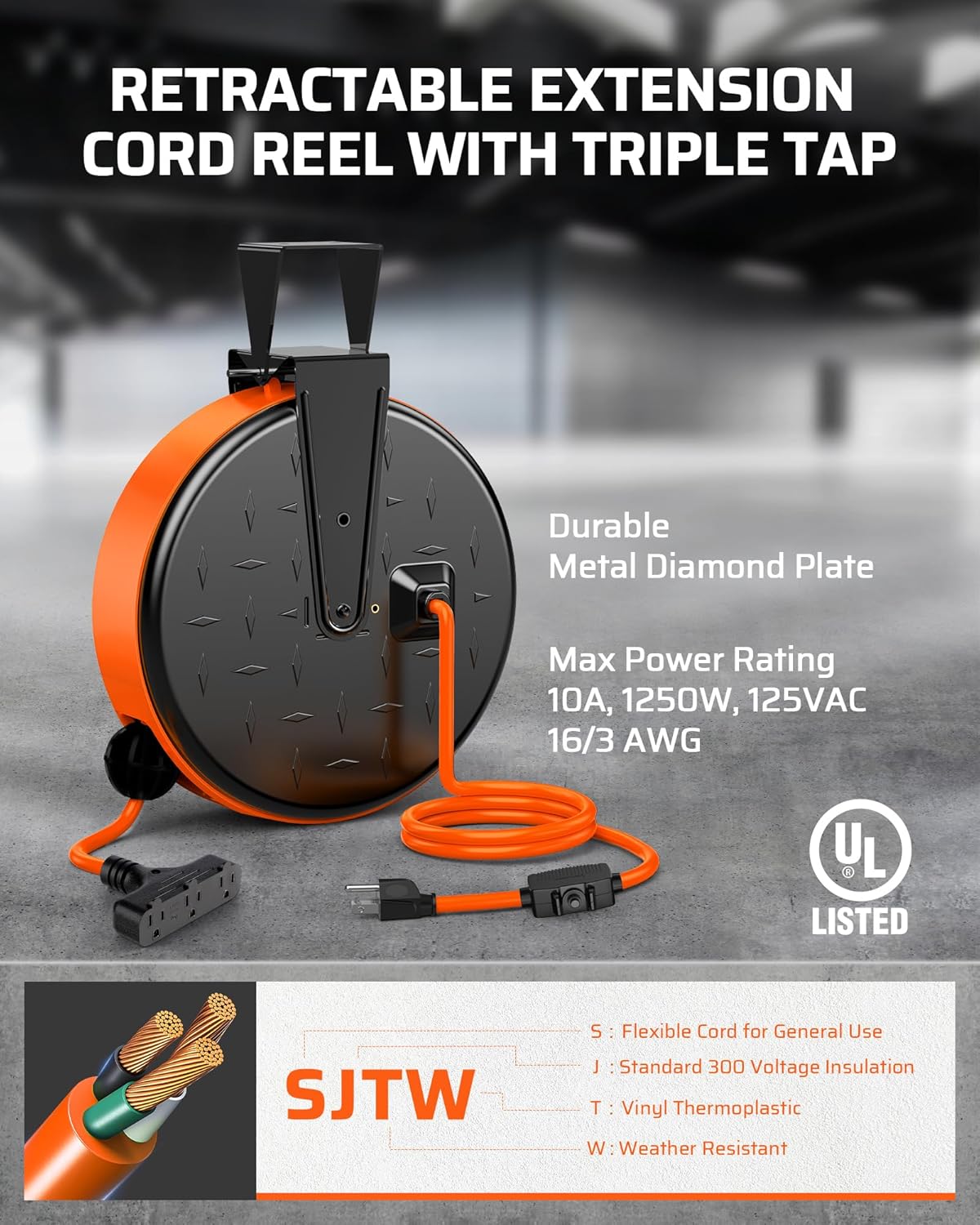 DEWENWILS 30FT Extension Cord Reel, 16/3 Gauge SJTW Power Cord, Retractable Cord Reel with 3 Outlets, Ceiling/Wall Mount for Garage, Workshop, 10A Circuit Breaker, Metal Plate, UL Listed, Orange