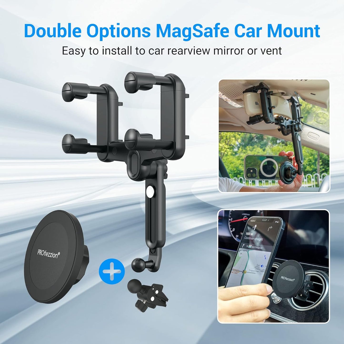 PROfezzion Rearview Mirror & Vent Clip Combo Magnetic Phone Holder Compatible with MagSafe on Car Rear View Mirror for iPhone 16 15 14 13 12 Pro Max Plus, MagSafe Case & All Phones [No Vibrating]