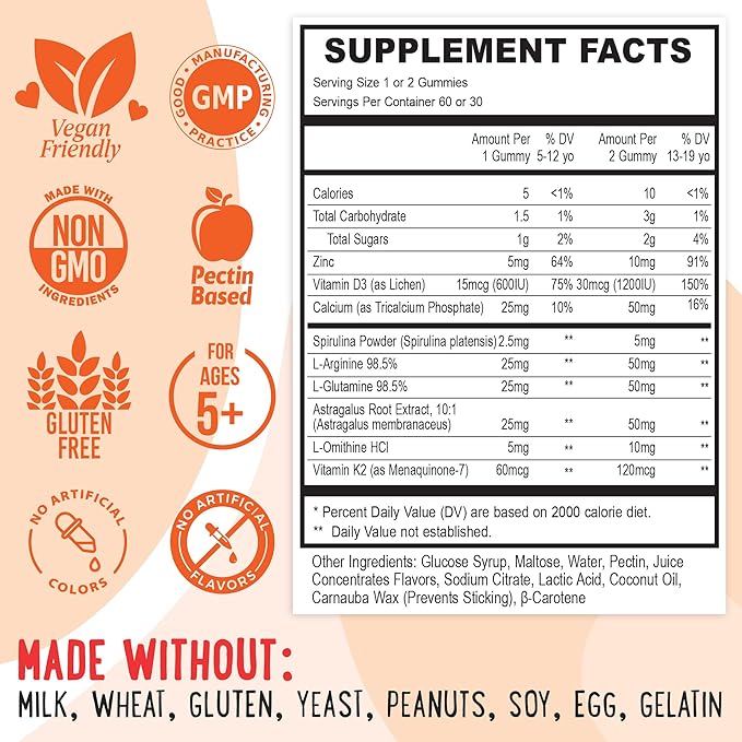 Center-Filled Bones & Growth Support Gummies - Supplement Vitamins for Kids & Teens with Calcium, Astragalus, D3, K2 & Omithine HCI - Peach & Mango - 60 Count