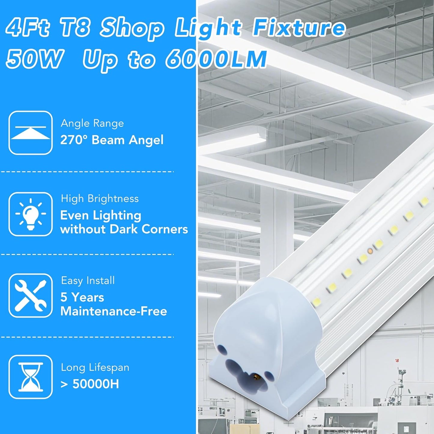 T8 LED Shop Lights 4FT, 4 Pack LED Garage Lights 50W 9600LM 6000K, Linkable Work Light, Plug & Play Energy-Saving Workshop Lighting for Warehouse Basement Classroom(V2)