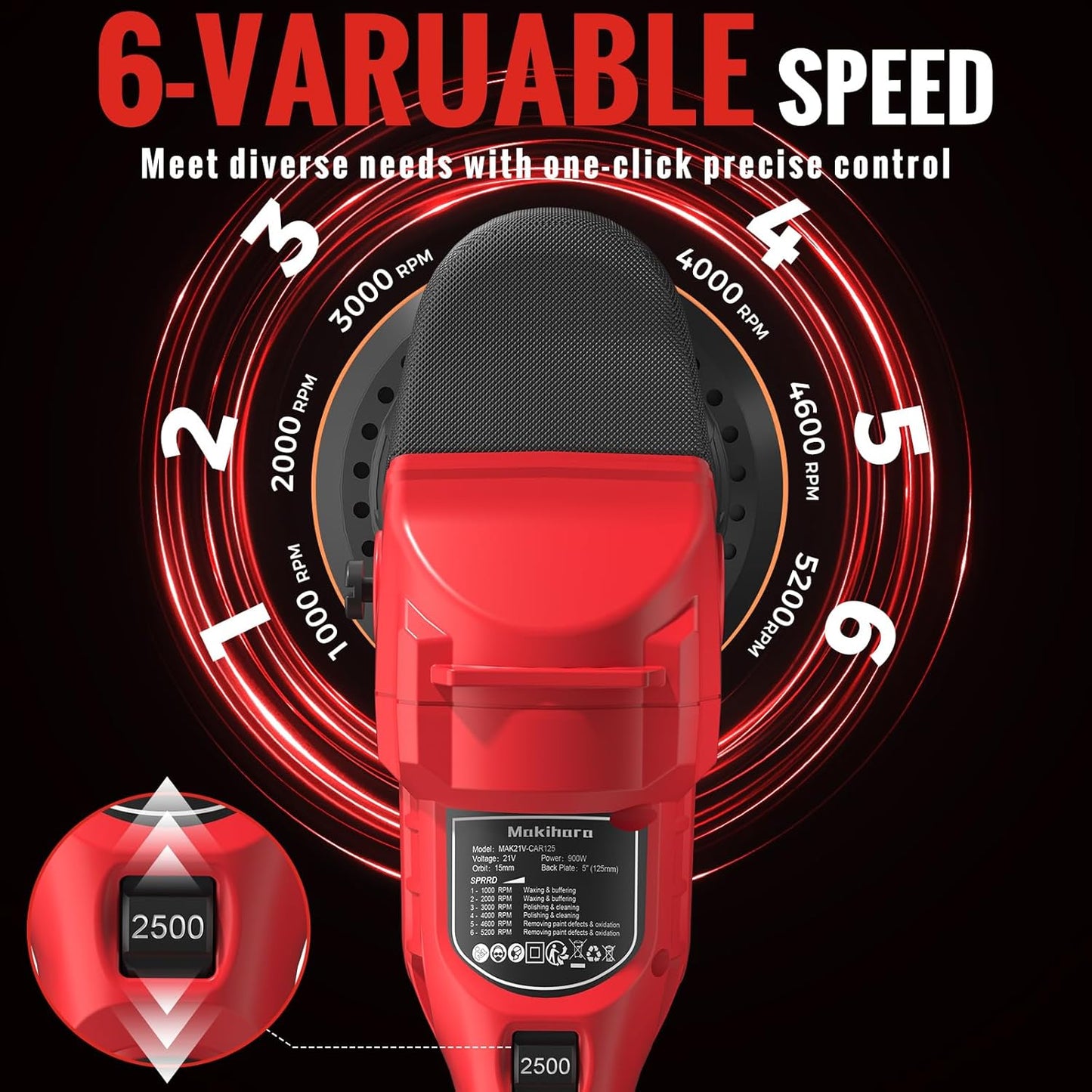 Cordless Buffer Polisher, 5 Inch Random Orbital Car Buffers Waxer and Polishers Kit, 6 Variable Speed 1000-5200 RPM, 21V 3.0Ah Batteries ,for Car Detailing, Waxing, Boat Sanding, Scratch Removing