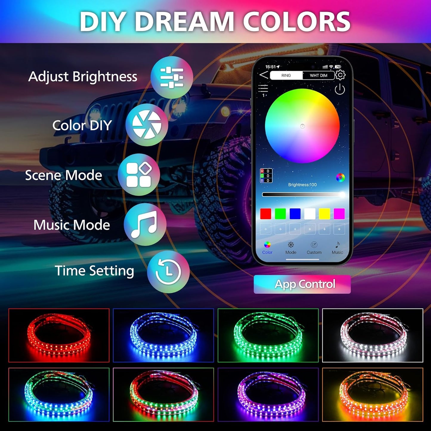 Underglow LED Lights for Cars 180 LEDs RGBI Neon Accent Strip Lights with App 16 Million Colors DIY & Music Mode Underbody Exterior Lights Kit for RV SUV Truck Boat 12V